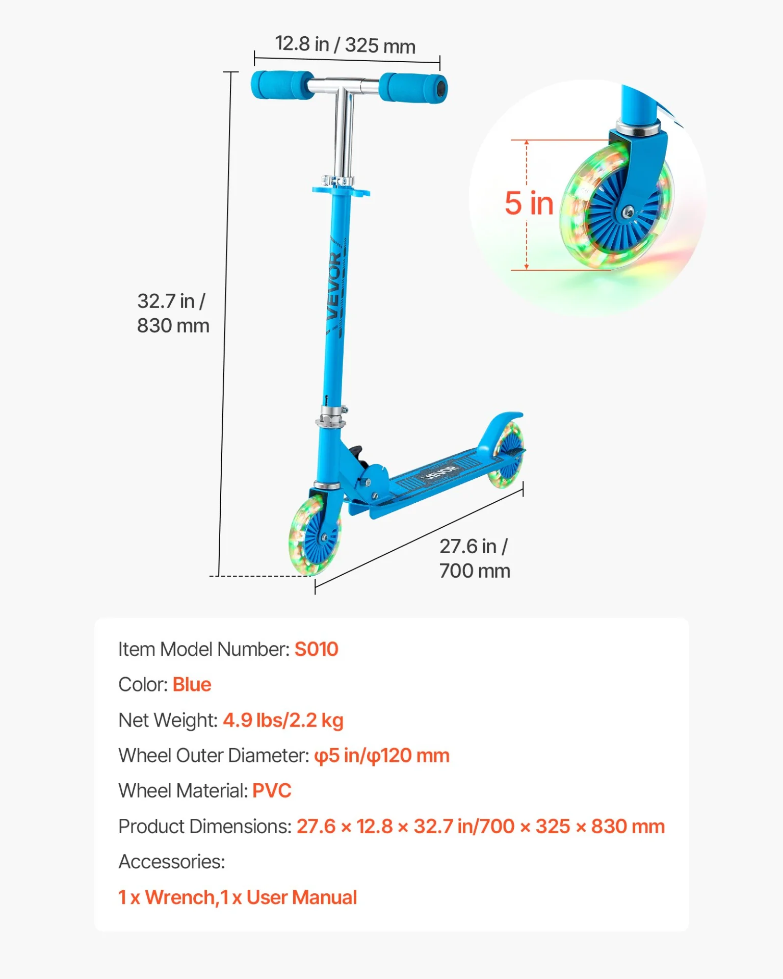 VEVOR Kick Scooter for Kids Ages 3+, 2-Wheel Toddler Scooter with Light-Up Wheels, Adjustable Height Handlebar, Wide Anti-Slip Deck, Foldable Lightweight Frame for Boys & Girls up to 110 lbs, Blue - Image 6