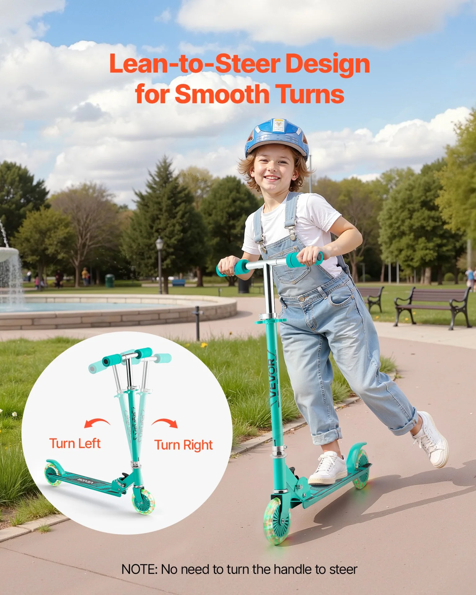 VEVOR Kick Scooter for Kids Ages 3+, 2-Wheel Toddler Scooter with Light-Up Wheels, Adjustable Height Handlebar, Wide Anti-Slip Deck, Foldable Lightweight Frame for Boys & Girls up to 110 lbs, Green - Image 3