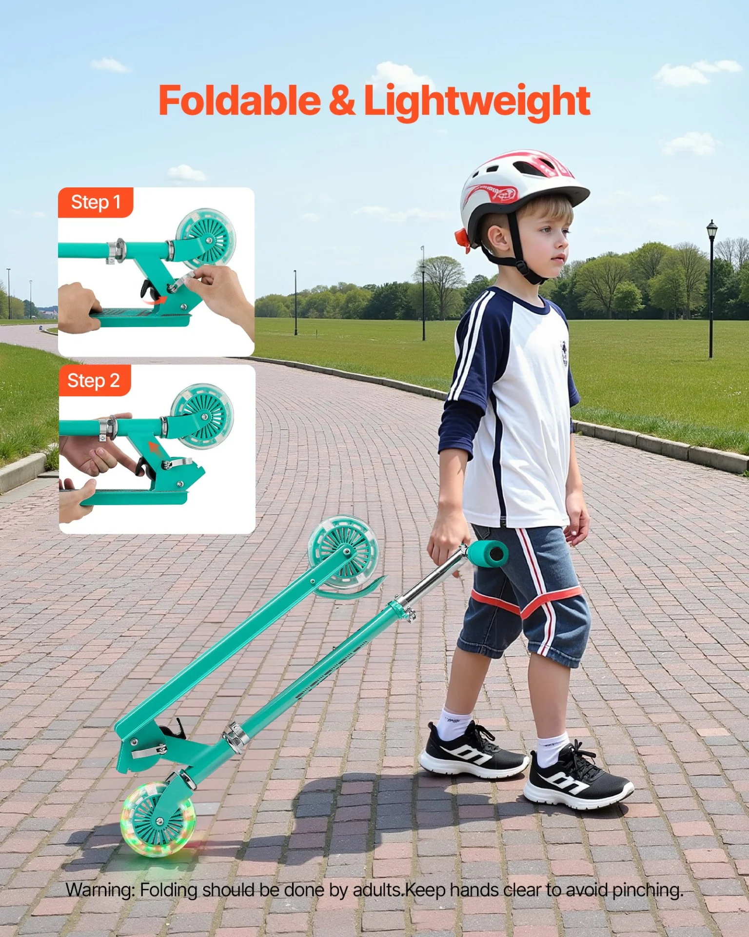 VEVOR Kick Scooter for Kids Ages 3+, 2-Wheel Toddler Scooter with Light-Up Wheels, Adjustable Height Handlebar, Wide Anti-Slip Deck, Foldable Lightweight Frame for Boys & Girls up to 110 lbs, Green - Image 5