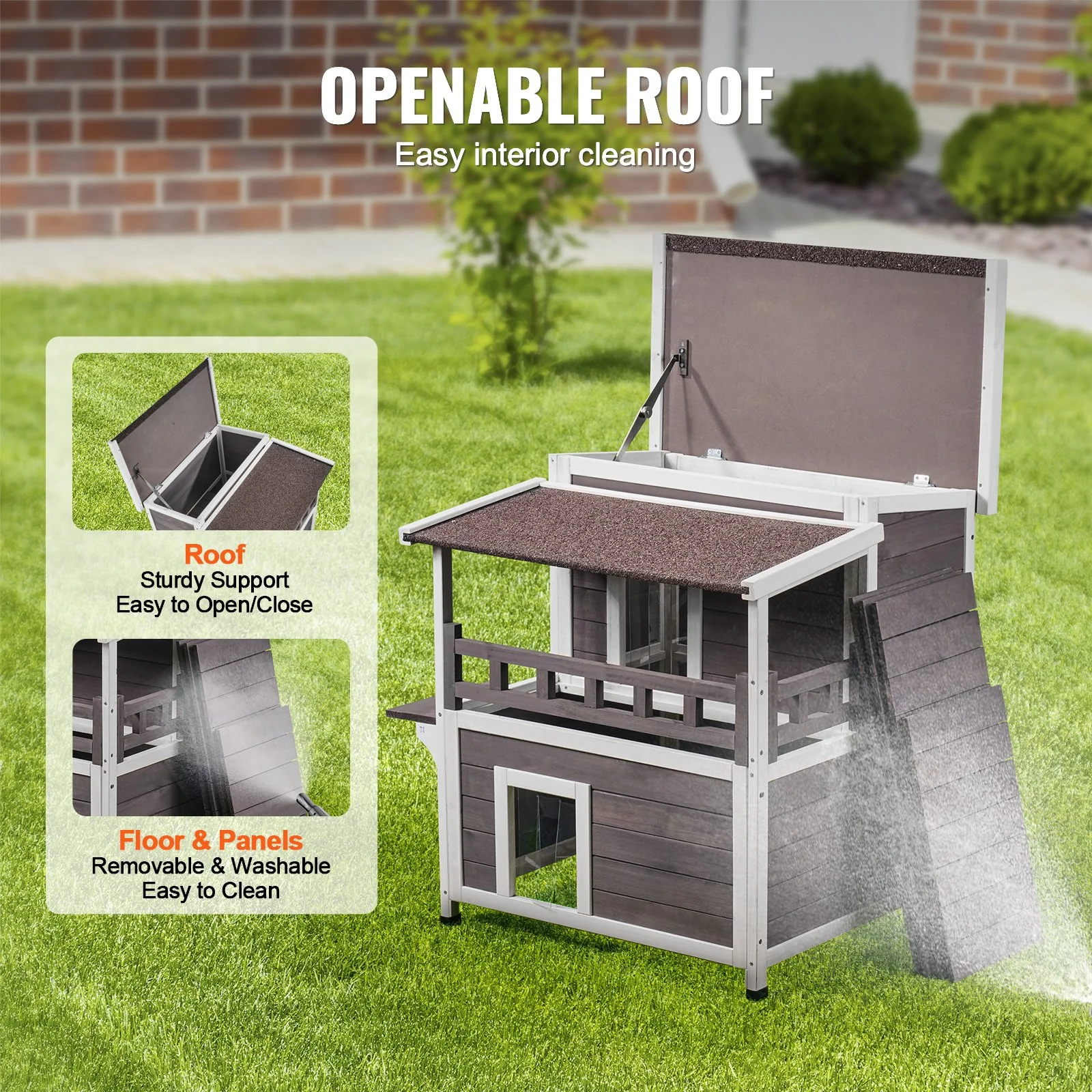 VEVOR Outdoor Cat House 2-story Wooden Feral Cat Shelter with Balcony & Roof - Image 3