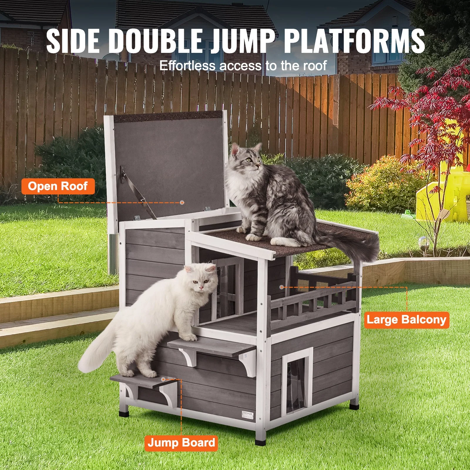 VEVOR Outdoor Cat House 2-story Wooden Feral Cat Shelter with Balcony & Roof - Image 4