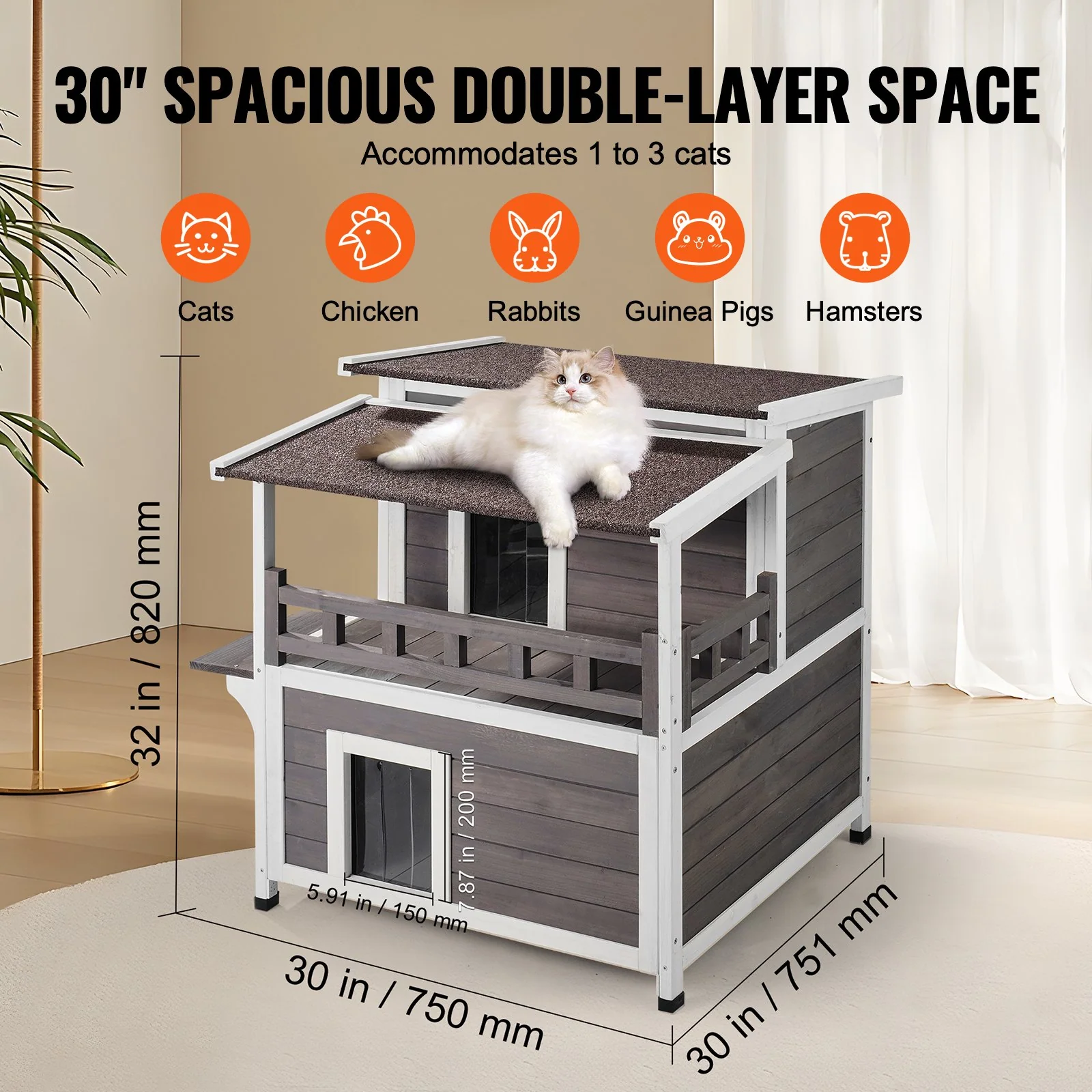 VEVOR Outdoor Cat House 2-story Wooden Feral Cat Shelter with Balcony & Roof - Image 5