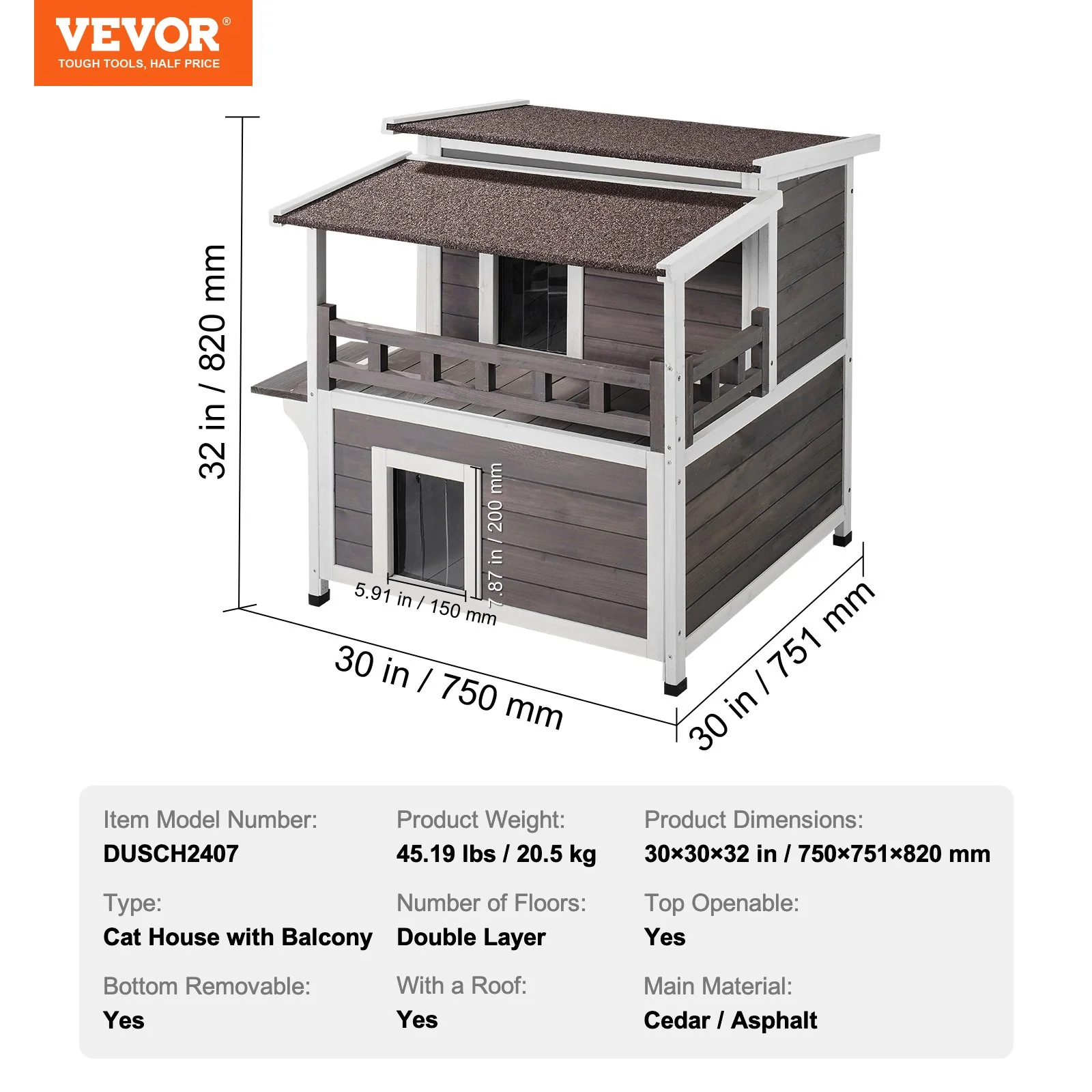VEVOR Outdoor Cat House 2-story Wooden Feral Cat Shelter with Balcony & Roof - Image 6
