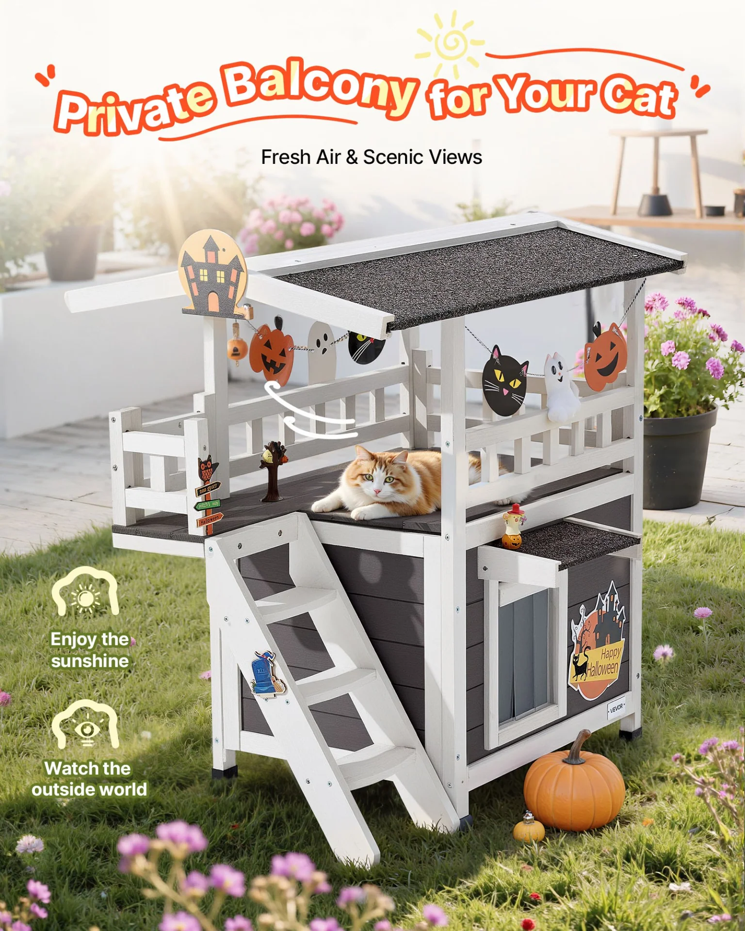 VEVOR Outdoor Cat House 2-Story Wooden Feral Cat Shelter with Stairs & Balcony - Image 11