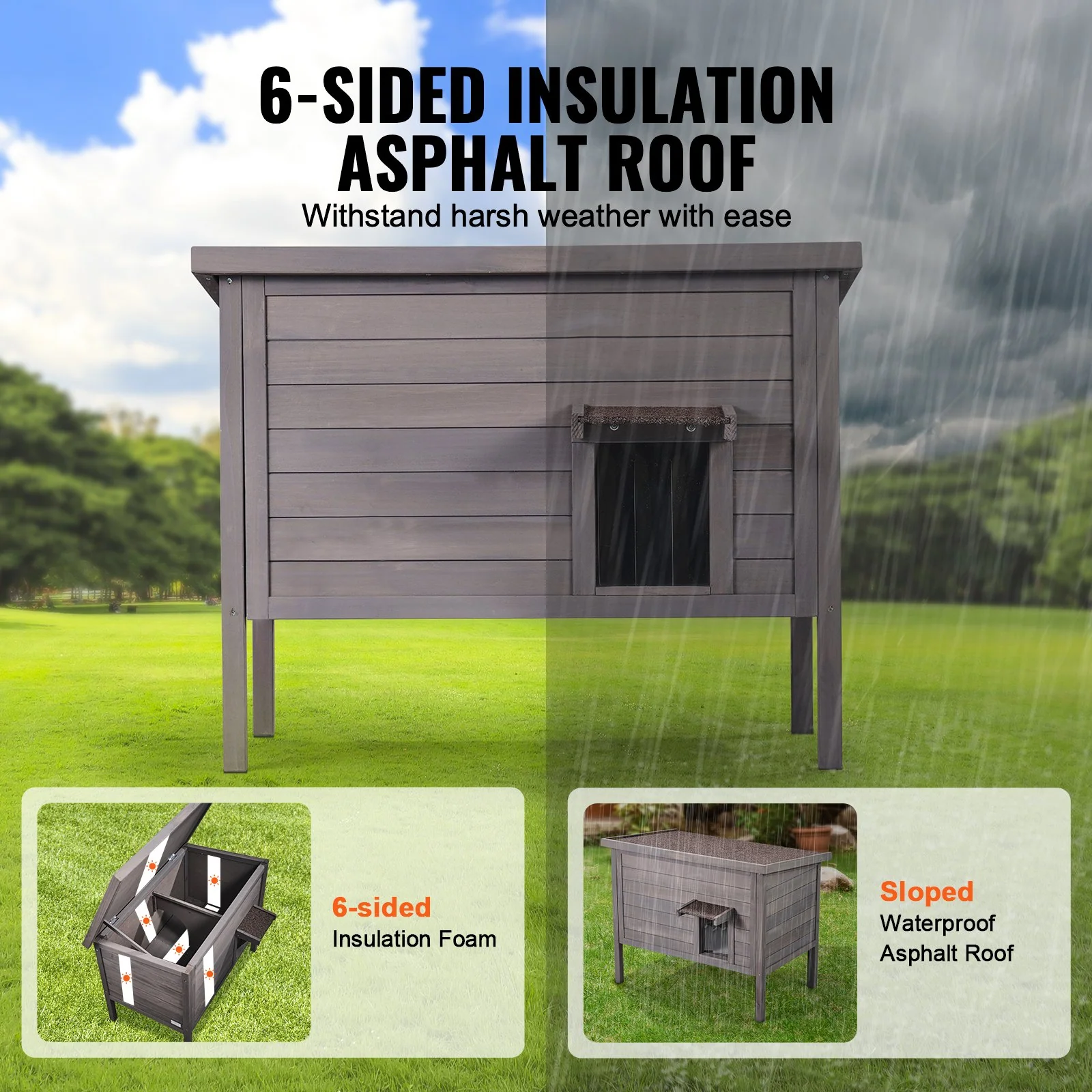VEVOR Outdoor Cat House Wooden Feral Cat Shelter with Roof & PVC Door Flaps - Image 2