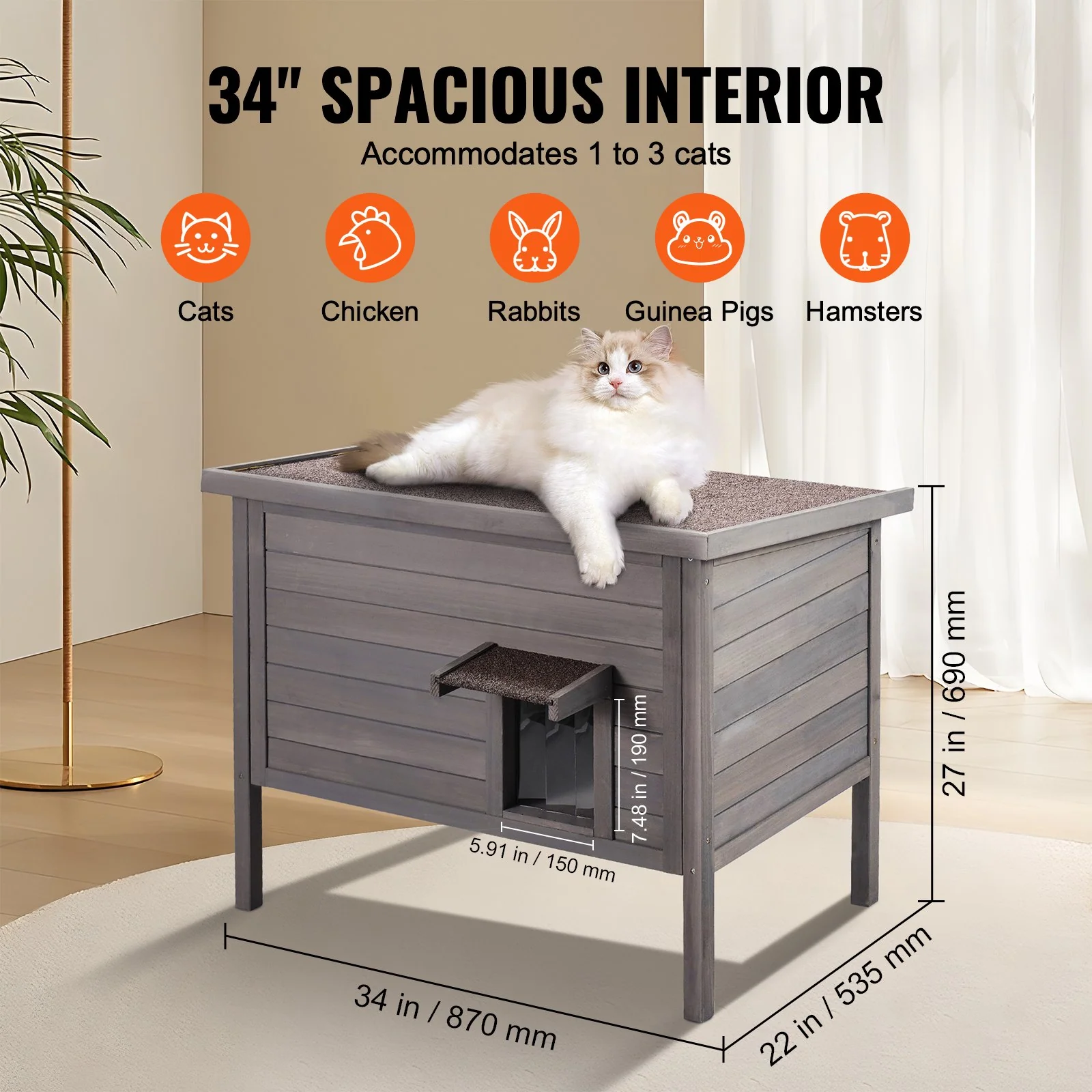 VEVOR Outdoor Cat House Wooden Feral Cat Shelter with Roof & PVC Door Flaps - Image 5