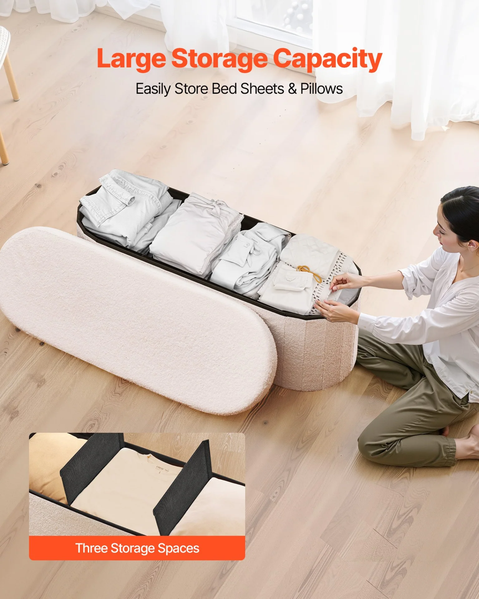 VEVOR Oval Storage Ottoman Bench, Foldable Teddy Fleece End of Bed Bench, Folding Upholstered Bed Ottoman Chest with Large Storage Space, Supports 660 lbs, for Living Room, Bedroom, Entryway, Beige