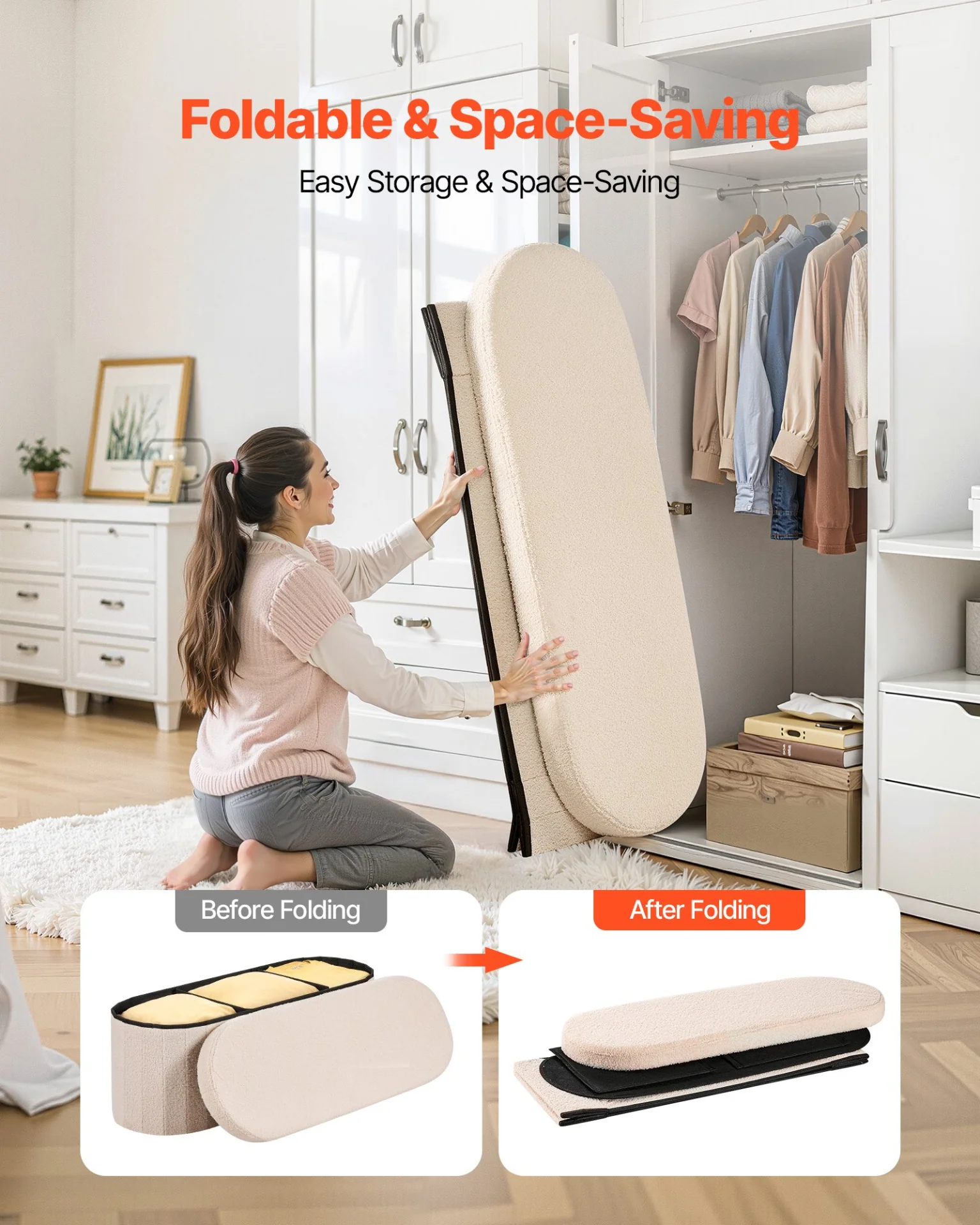 VEVOR Oval Storage Ottoman Bench, Foldable Teddy Fleece End of Bed Bench, Folding Upholstered Bed Ottoman Chest with Large Storage Space, Supports 660 lbs, for Living Room, Bedroom, Entryway, Beige - Image 3