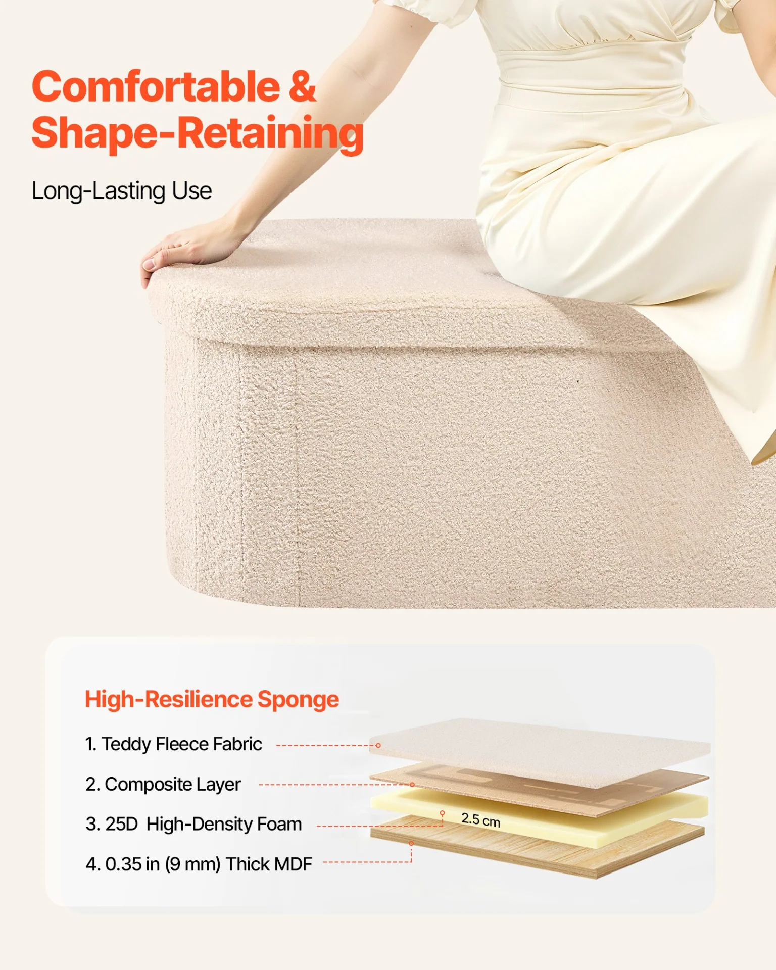 VEVOR Oval Storage Ottoman Bench, Foldable Teddy Fleece End of Bed Bench, Folding Upholstered Bed Ottoman Chest with Large Storage Space, Supports 660 lbs, for Living Room, Bedroom, Entryway, Beige - Image 4