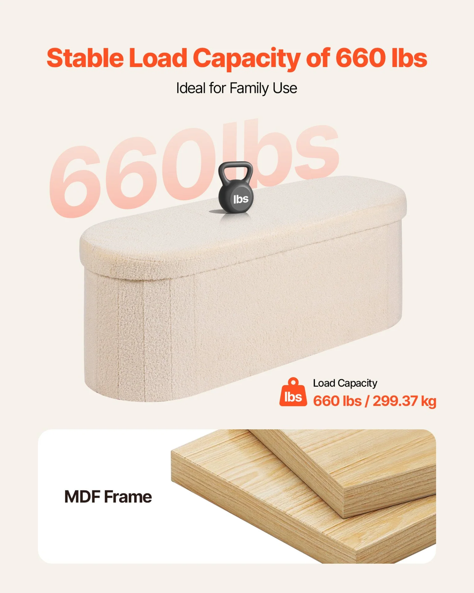 VEVOR Oval Storage Ottoman Bench, Foldable Teddy Fleece End of Bed Bench, Folding Upholstered Bed Ottoman Chest with Large Storage Space, Supports 660 lbs, for Living Room, Bedroom, Entryway, Beige - Image 5