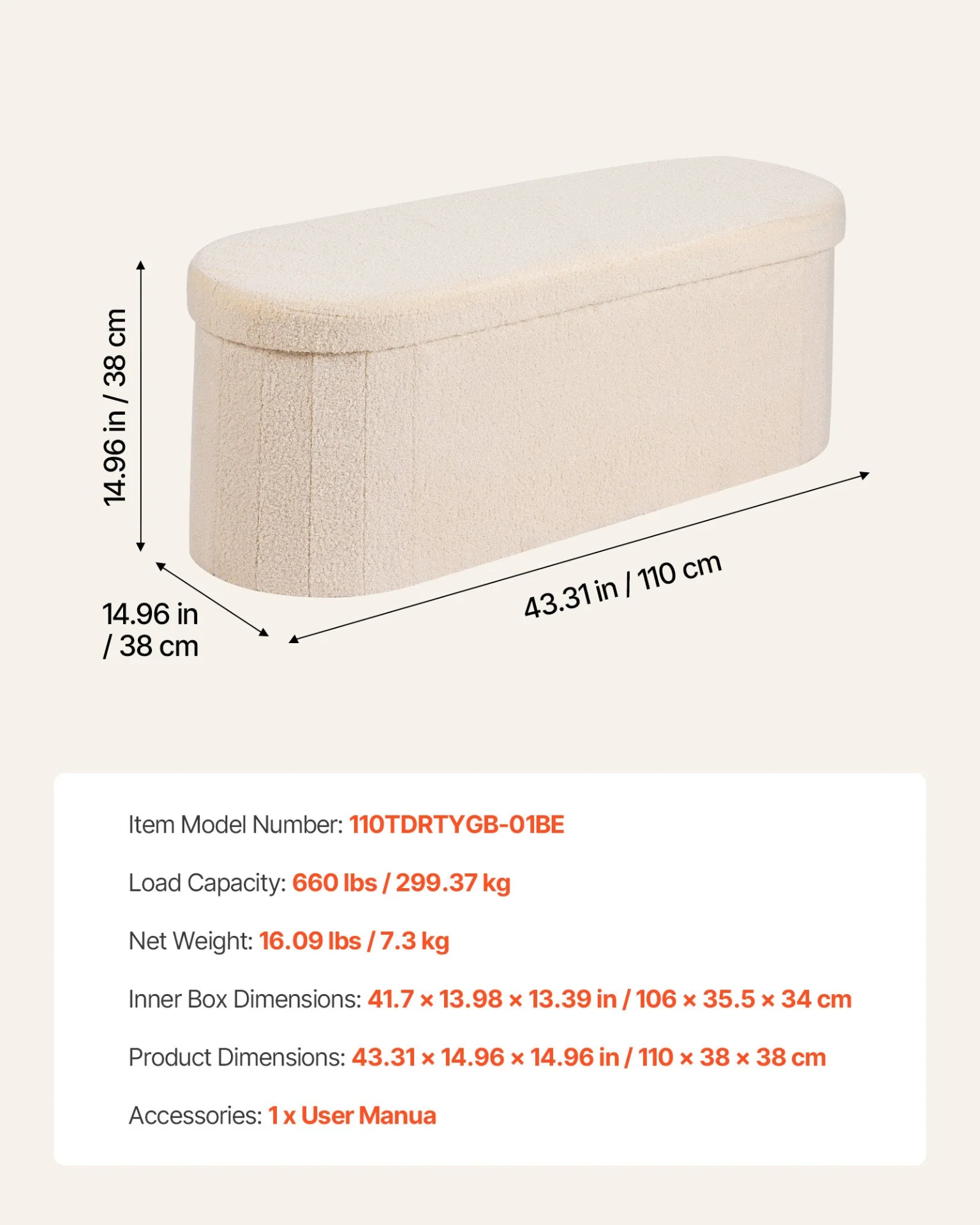 VEVOR Oval Storage Ottoman Bench, Foldable Teddy Fleece End of Bed Bench, Folding Upholstered Bed Ottoman Chest with Large Storage Space, Supports 660 lbs, for Living Room, Bedroom, Entryway, Beige - Image 6