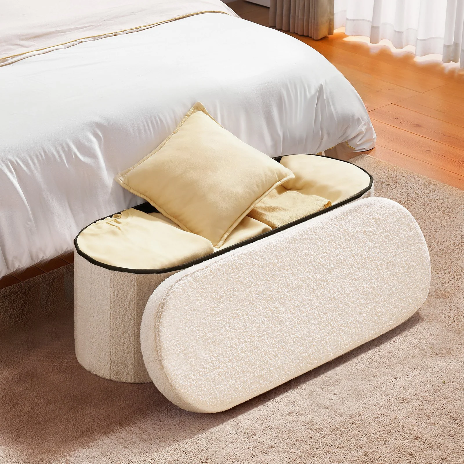 VEVOR Oval Storage Ottoman Bench, Foldable Teddy Fleece End of Bed Bench, Folding Upholstered Bed Ottoman Chest with Large Storage Space, Supports 660 lbs, for Living Room, Bedroom, Entryway, Beige - Image 7