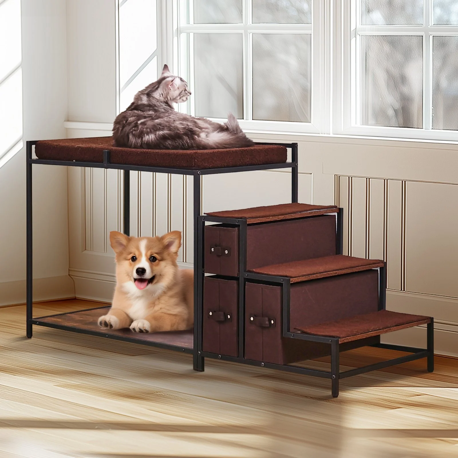VEVOR Pet Bunk Bed Dog/Cat Window Perch with Stairs Storage Medium Size - Image 7