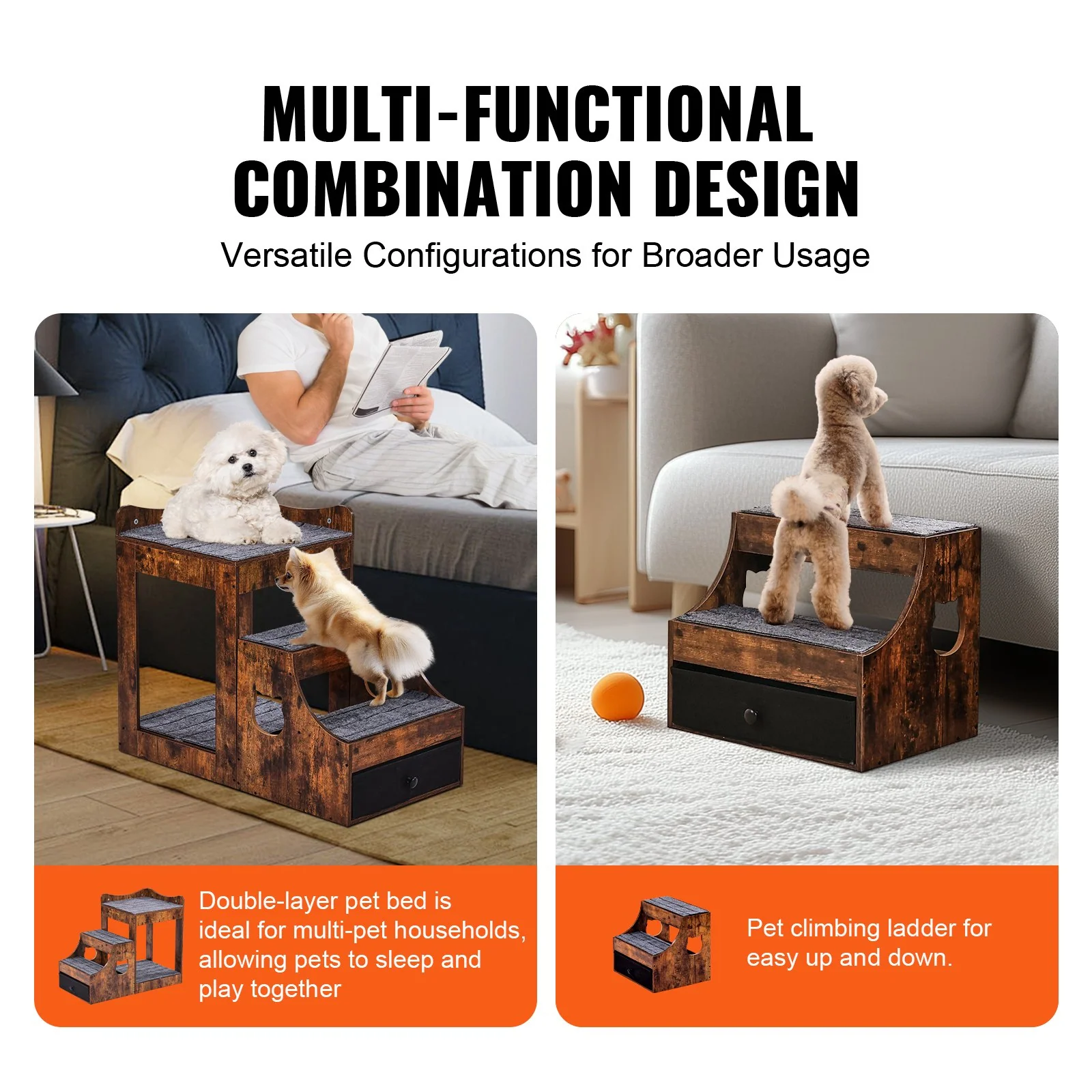 VEVOR Pet Bunk Bed with Stairs Dog/Cat Window Perch with Storage Indoor Brown - Image 2