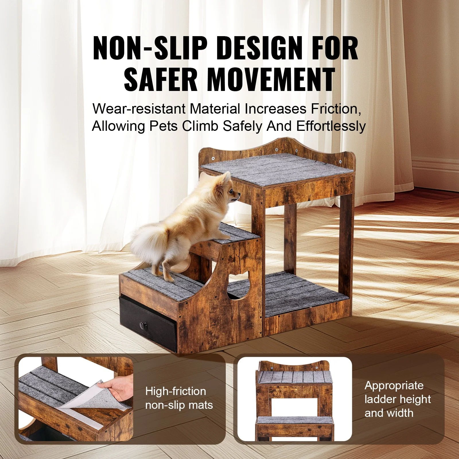 VEVOR Pet Bunk Bed with Stairs Dog/Cat Window Perch with Storage Indoor Brown - Image 4