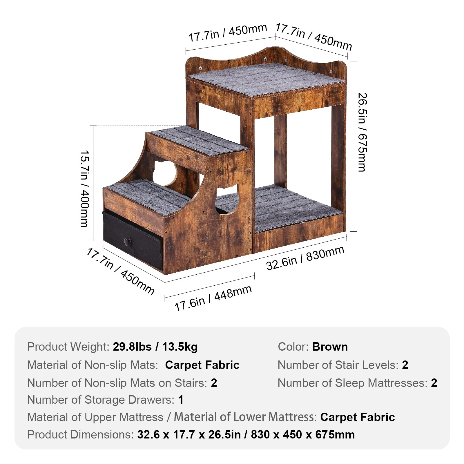 VEVOR Pet Bunk Bed with Stairs Dog/Cat Window Perch with Storage Indoor Brown - Image 6