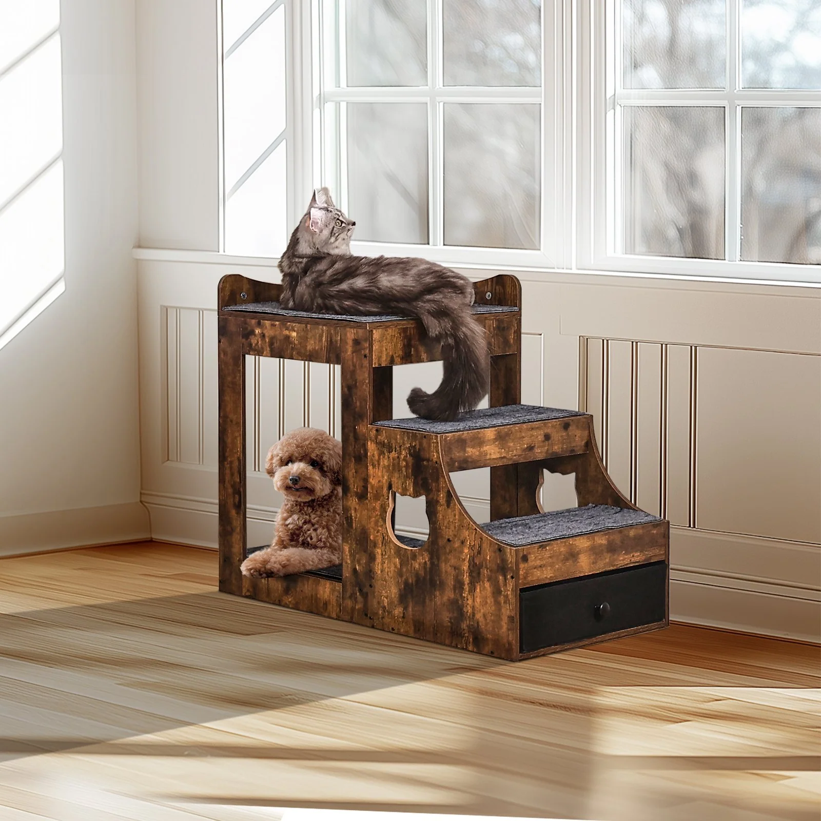 VEVOR Pet Bunk Bed with Stairs Dog/Cat Window Perch with Storage Indoor Brown - Image 7