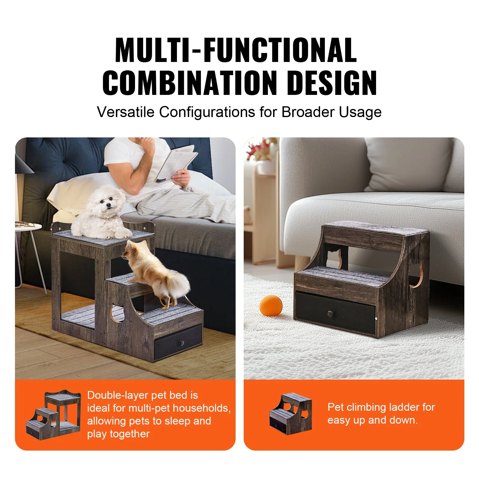 VEVOR Pet Bunk Bed with Stairs Dog/Cat Window Perch with Storage Indoor Gray - Image 2