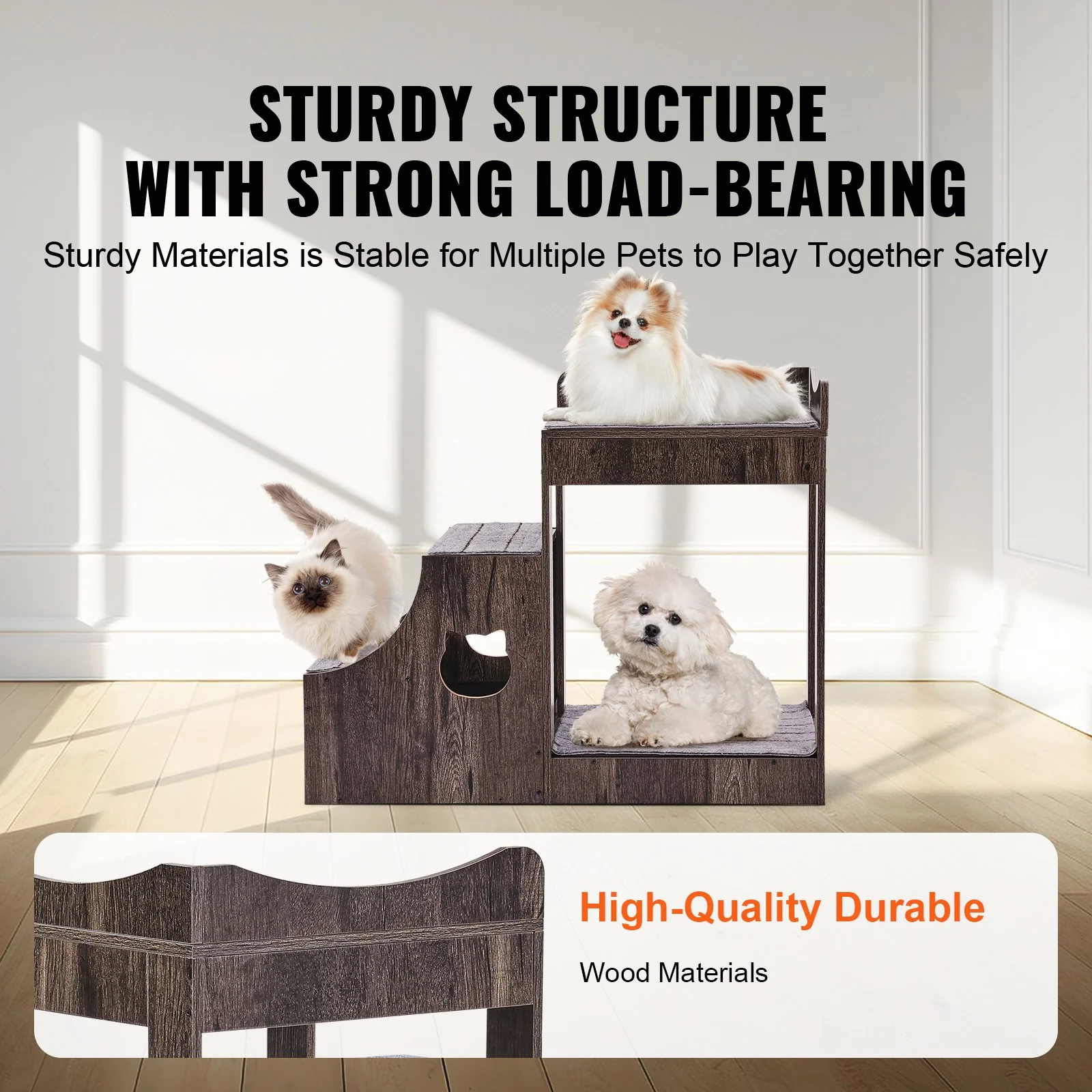 VEVOR Pet Bunk Bed with Stairs Dog/Cat Window Perch with Storage Indoor Gray - Image 3