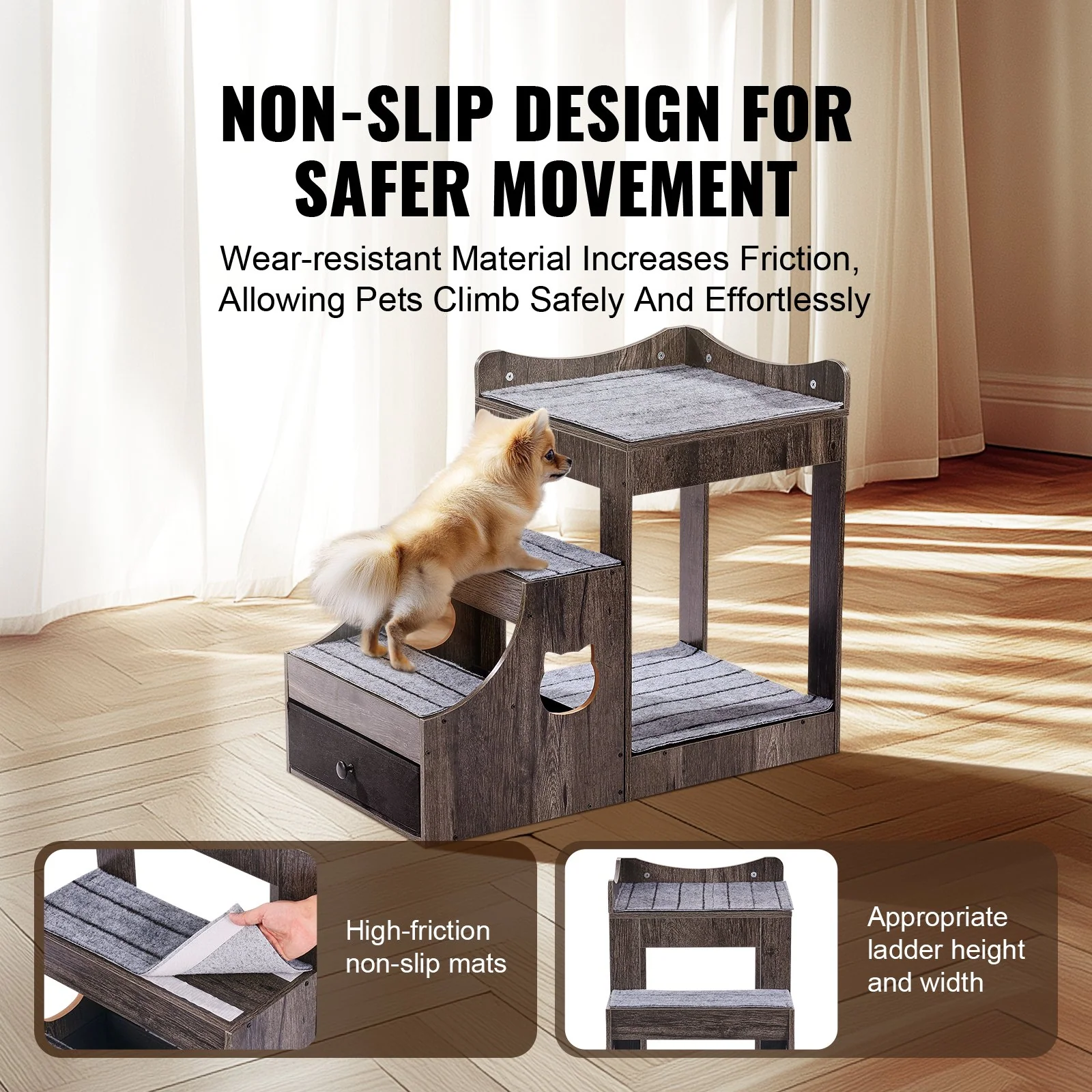 VEVOR Pet Bunk Bed with Stairs Dog/Cat Window Perch with Storage Indoor Gray - Image 4
