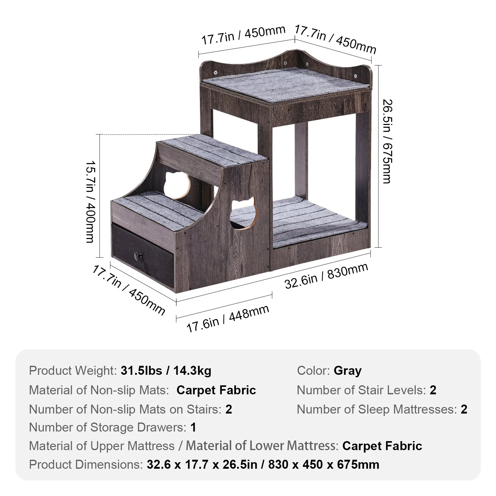 VEVOR Pet Bunk Bed with Stairs Dog/Cat Window Perch with Storage Indoor Gray - Image 6