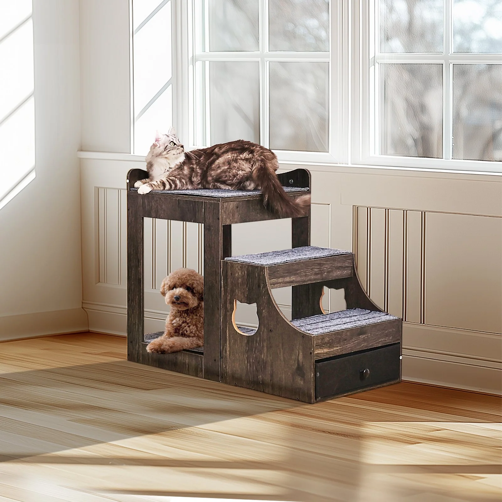 VEVOR Pet Bunk Bed with Stairs Dog/Cat Window Perch with Storage Indoor Gray - Image 7