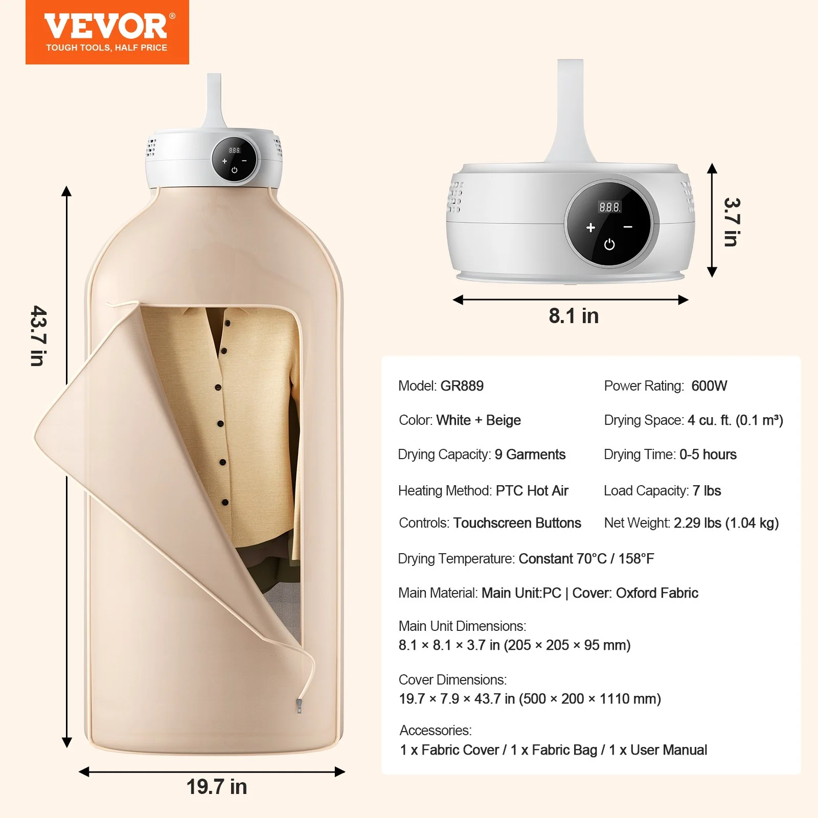 VEVOR Portable Clothes Dryer, Clothes Dryer with Dryer Bag, PTC Heating & LED Display, Foldable Mini Dryer with 5-H Timer for Apartments, Dorms, RVs, or Hotels, 600W, Beige - Image 6