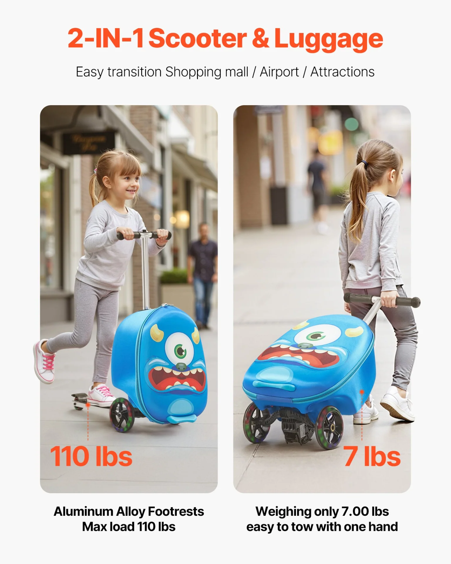 VEVOR Ride-on Luggage, 20 L Capacity, 20 Inches Kids Scooter Suitcase with Flash PU Wheels, Adjustable Handle & TPR Non-Slip Grip, Foldable & Lightweight Scooter Luggage for Kids Aged 5+, Blue - Image 3