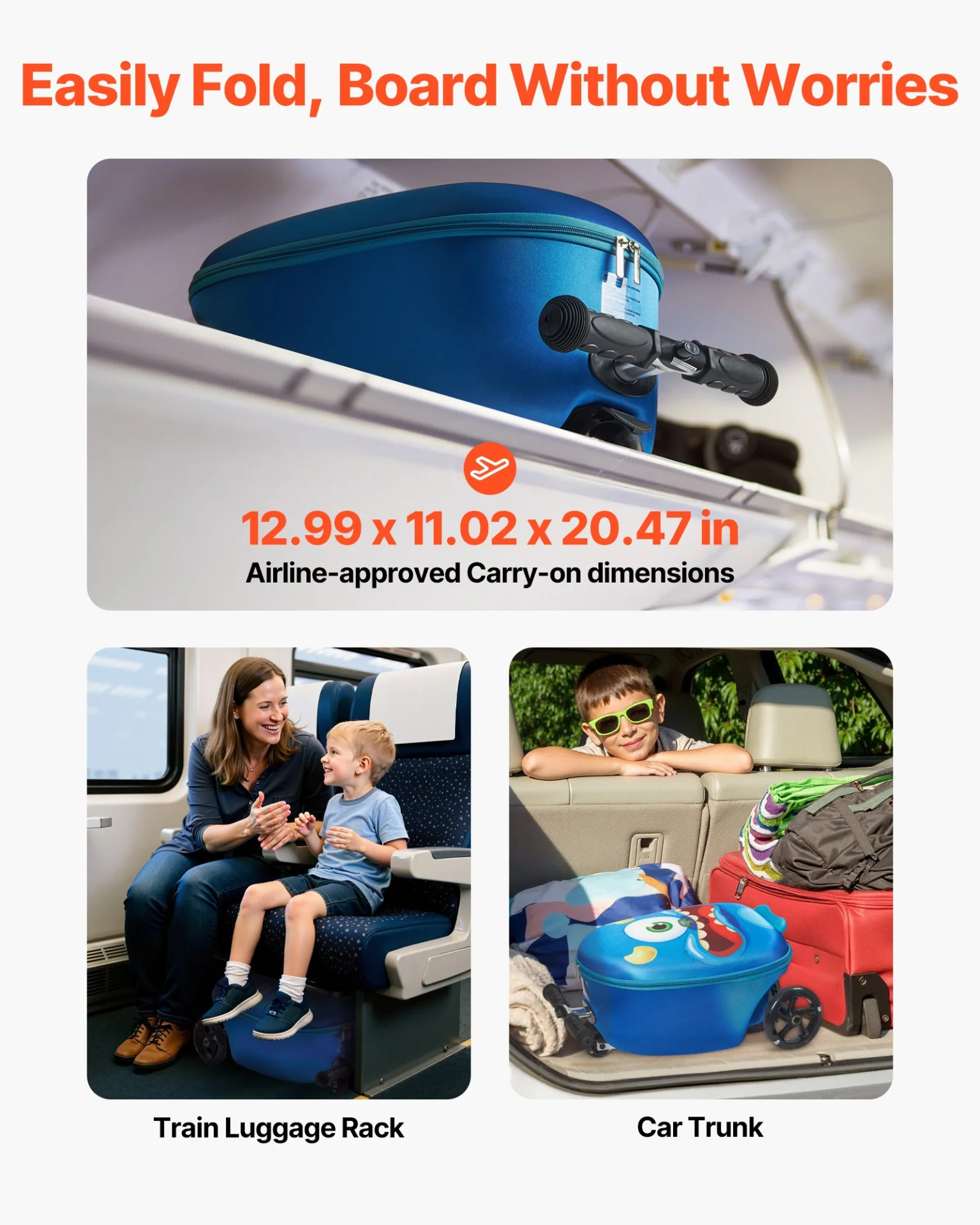 VEVOR Ride-on Luggage, 20 L Capacity, 20 Inches Kids Scooter Suitcase with Flash PU Wheels, Adjustable Handle & TPR Non-Slip Grip, Foldable & Lightweight Scooter Luggage for Kids Aged 5+, Blue - Image 4
