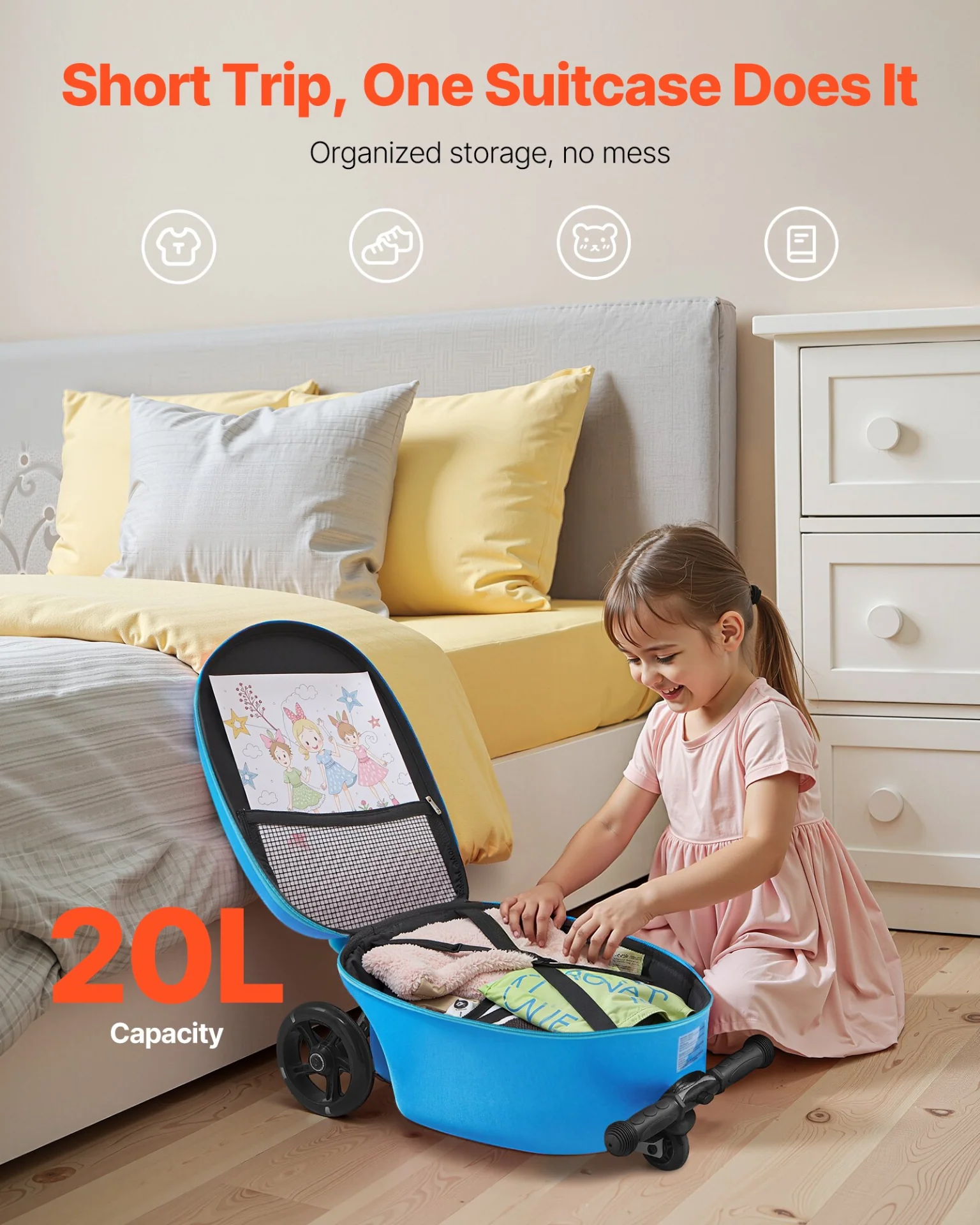 VEVOR Ride-on Luggage, 20 L Capacity, 20 Inches Kids Scooter Suitcase with Flash PU Wheels, Adjustable Handle & TPR Non-Slip Grip, Foldable & Lightweight Scooter Luggage for Kids Aged 5+, Blue - Image 5