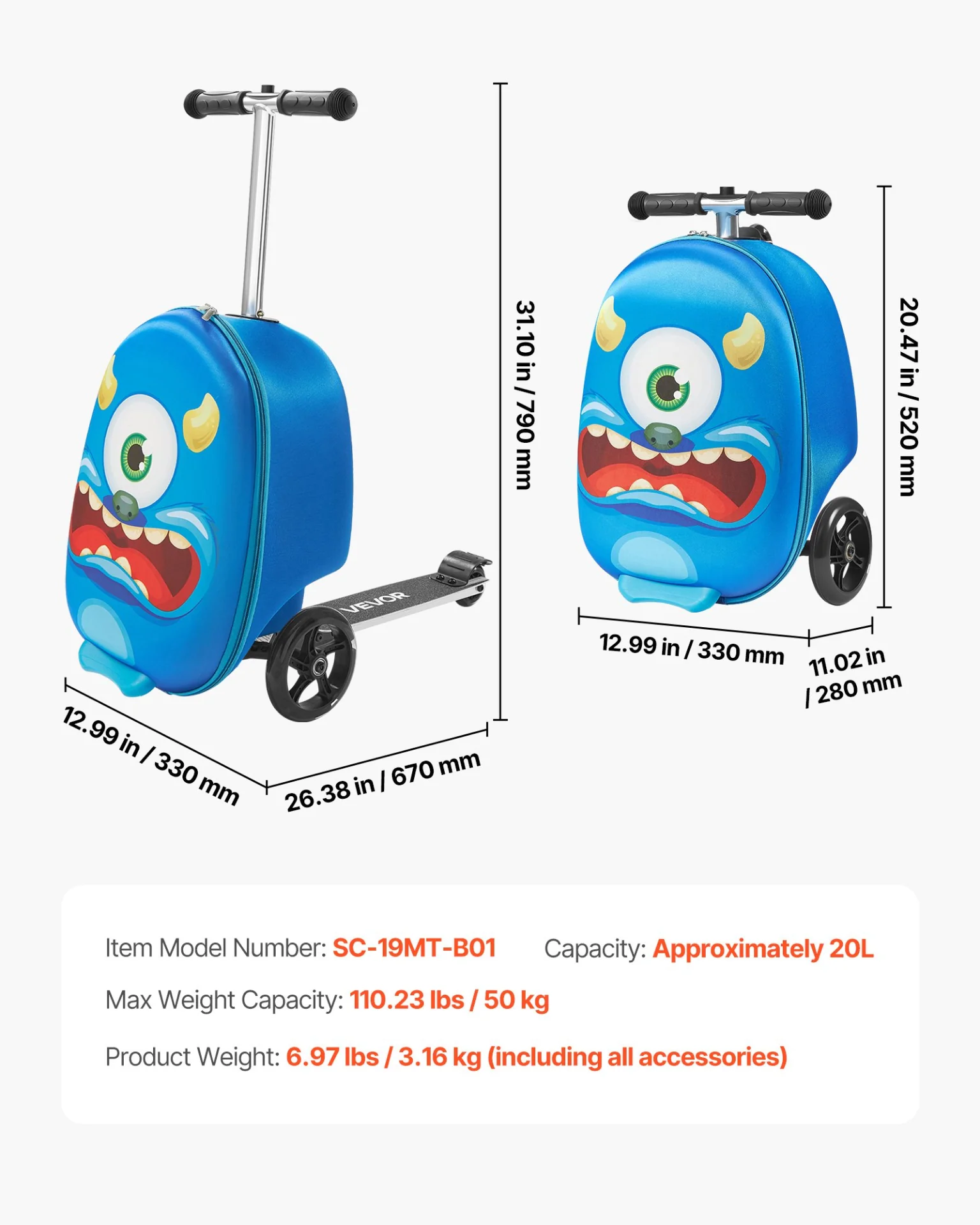 VEVOR Ride-on Luggage, 20 L Capacity, 20 Inches Kids Scooter Suitcase with Flash PU Wheels, Adjustable Handle & TPR Non-Slip Grip, Foldable & Lightweight Scooter Luggage for Kids Aged 5+, Blue - Image 6