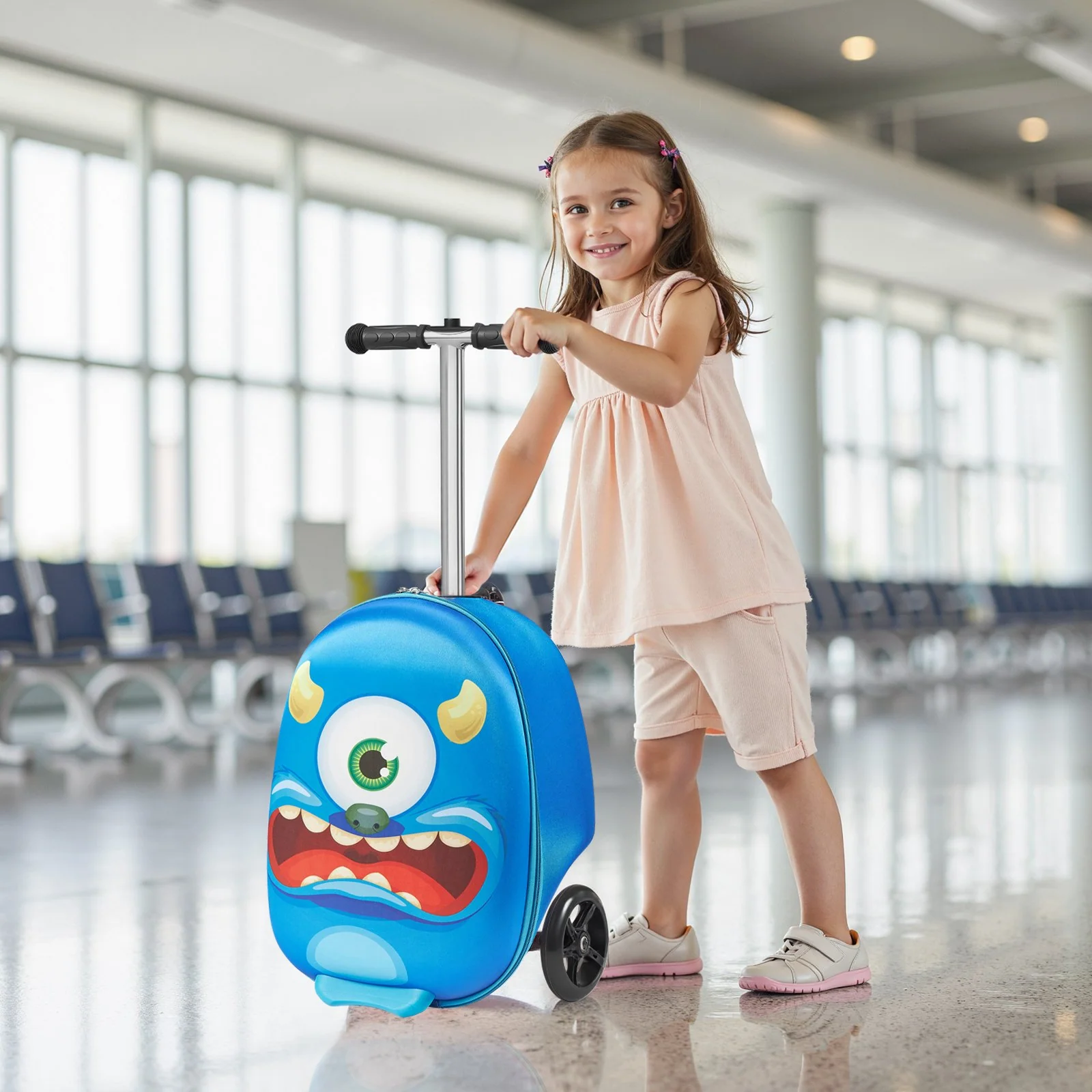 VEVOR Ride-on Luggage, 20 L Capacity, 20 Inches Kids Scooter Suitcase with Flash PU Wheels, Adjustable Handle & TPR Non-Slip Grip, Foldable & Lightweight Scooter Luggage for Kids Aged 5+, Blue - Image 7