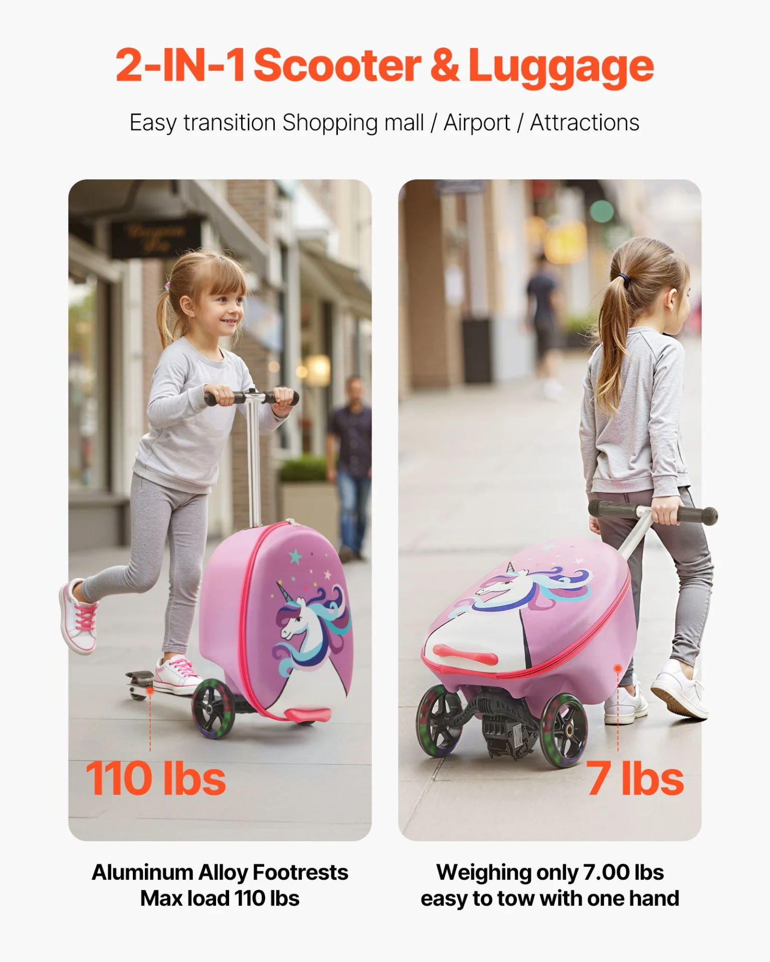VEVOR Ride-on Luggage, 20 L Capacity, 20 Inches Kids Scooter Suitcase with Flash PU Wheels, Adjustable Handle & TPR Non-Slip Grip, Foldable & Lightweight Scooter Luggage for Kids Aged 5+, Purple - Image 3