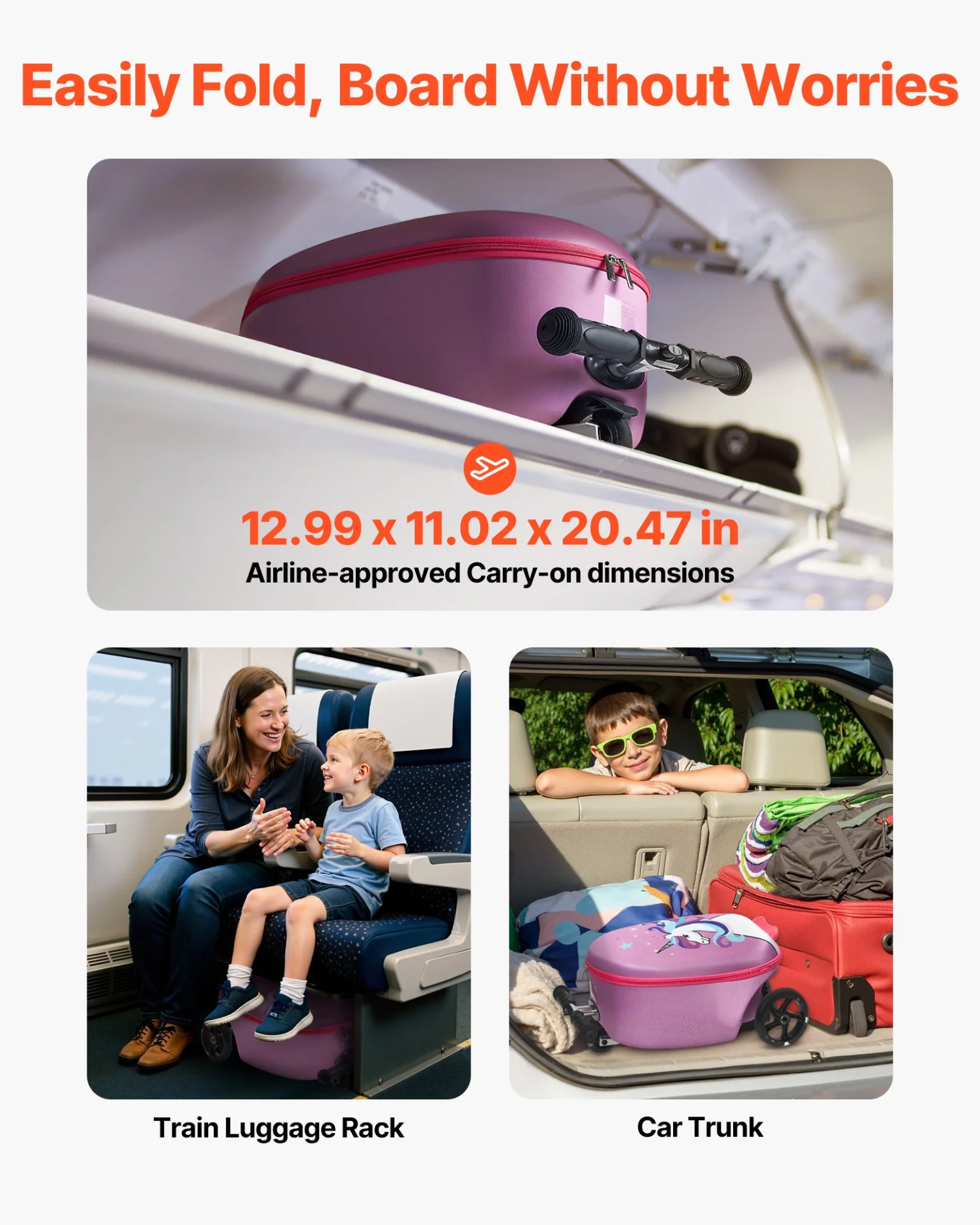 VEVOR Ride-on Luggage, 20 L Capacity, 20 Inches Kids Scooter Suitcase with Flash PU Wheels, Adjustable Handle & TPR Non-Slip Grip, Foldable & Lightweight Scooter Luggage for Kids Aged 5+, Purple - Image 4