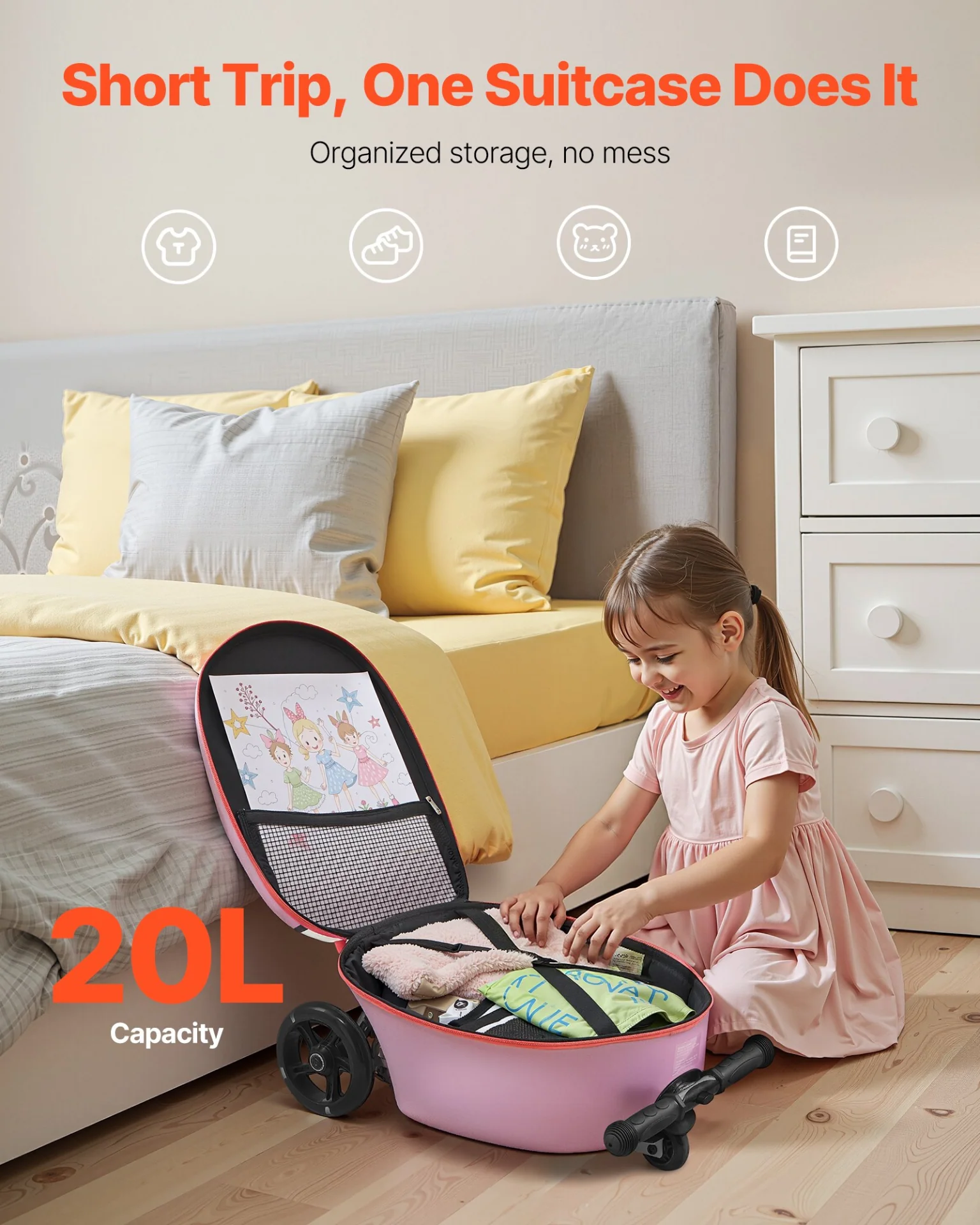 VEVOR Ride-on Luggage, 20 L Capacity, 20 Inches Kids Scooter Suitcase with Flash PU Wheels, Adjustable Handle & TPR Non-Slip Grip, Foldable & Lightweight Scooter Luggage for Kids Aged 5+, Purple - Image 5