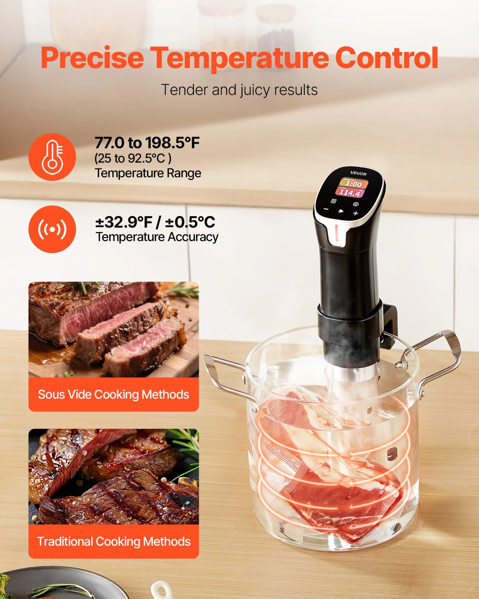 VEVOR Sous Vide Precision Cooker, 1100W Sous-Vide Cooking Machine, WIFI Immersion Circulator with 10 Preset Recipes, LCD Touchscreen, Fast-Heating, Accurate Temperature & Timer, App Control - Image 3