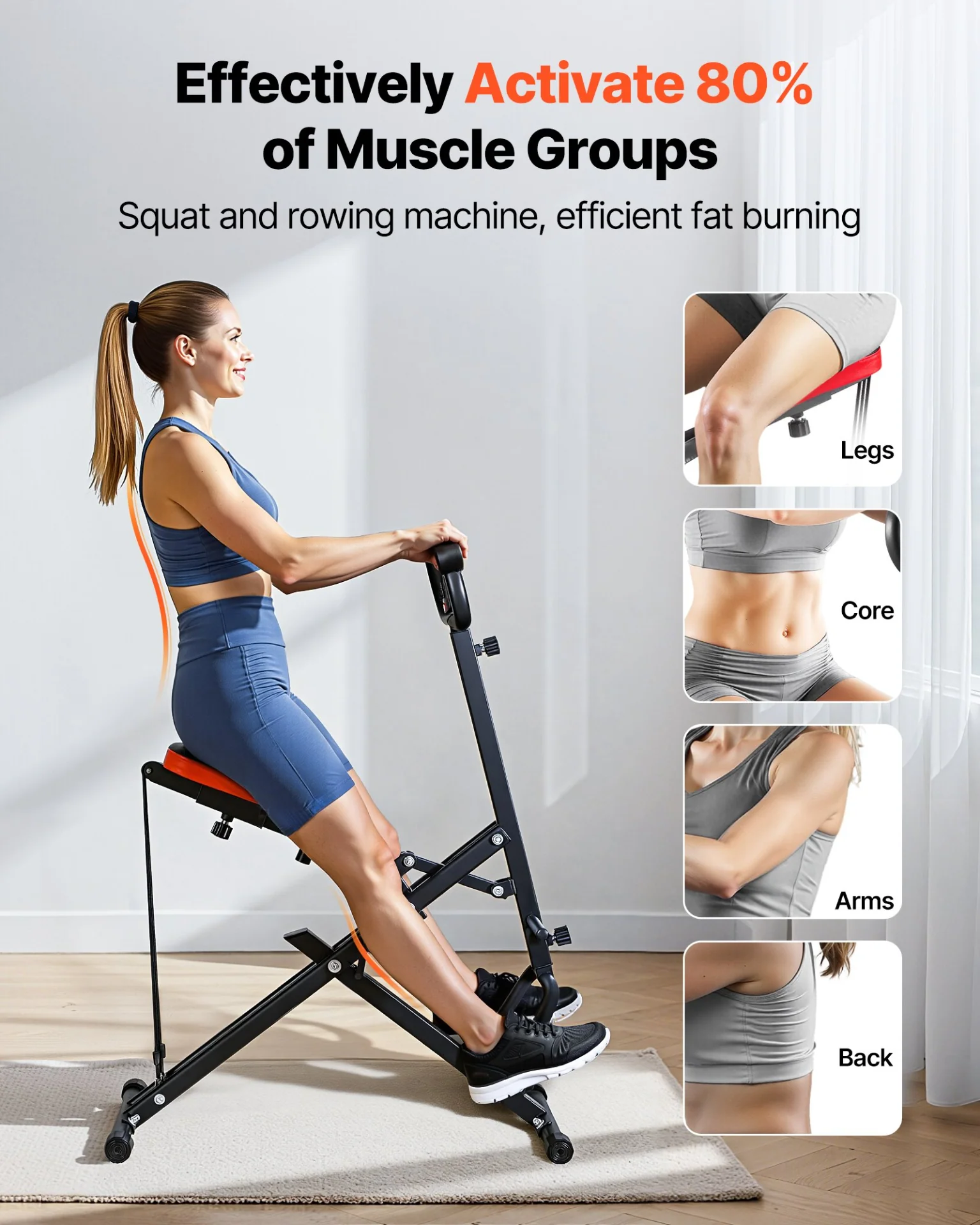 VEVOR Squat Machine, Deep Squat Rowing Machine for Home, Easy Setup & Foldable Exercise Equipment, Glute Trainer Machine with 2 High-Strength Resistance Bands, Glutes & Leg Home Workout Machine, Black