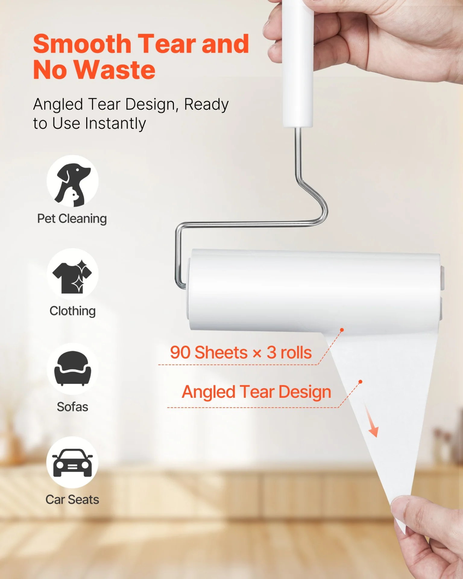VEVOR Sticky Lint Roller, 3 Pack Large Pet Hair Rollers Remover Set, 270 Sheets Extra Sticky Lint Roller with Upgraded Handle, Portable Cat and Dog Hair Remover for Carpet, Couch, Clothing and Bedding - Image 3