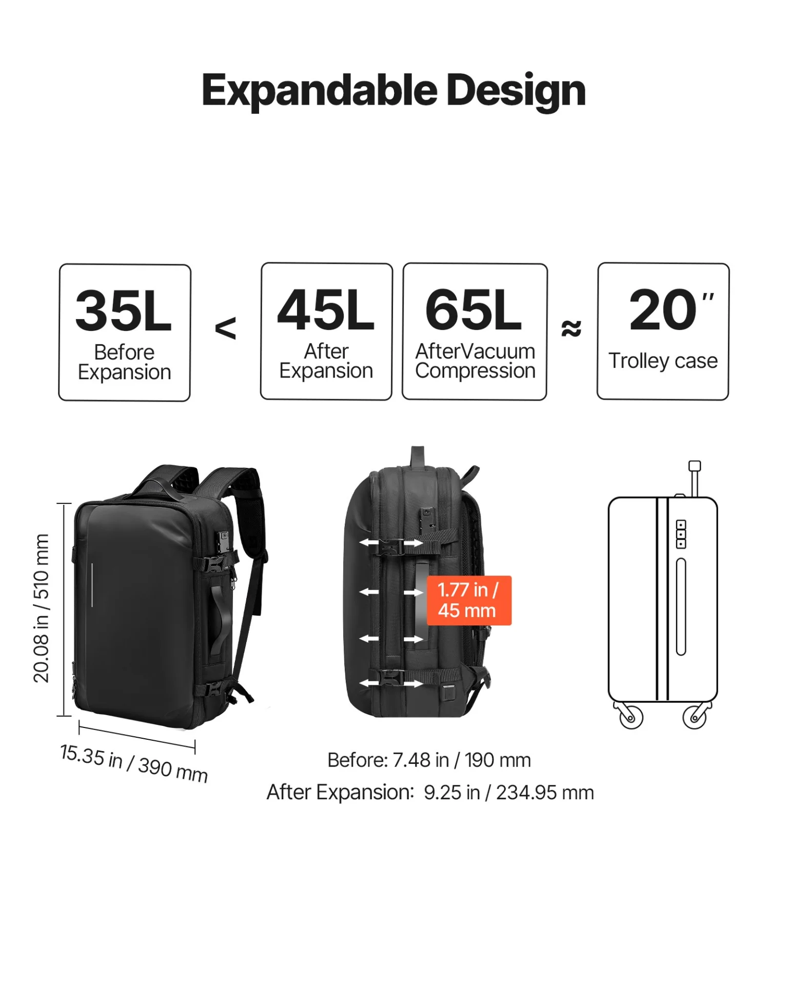 Vacuum Travel Backpack, 65L, Expandable Vacuum Seal Compression Travel Backpack, with TSA-Approved Lock, Multiple Pockets Compartments, Water-Resistant Carry-On Suitcase Luggage, No Pump, Black - Image 6