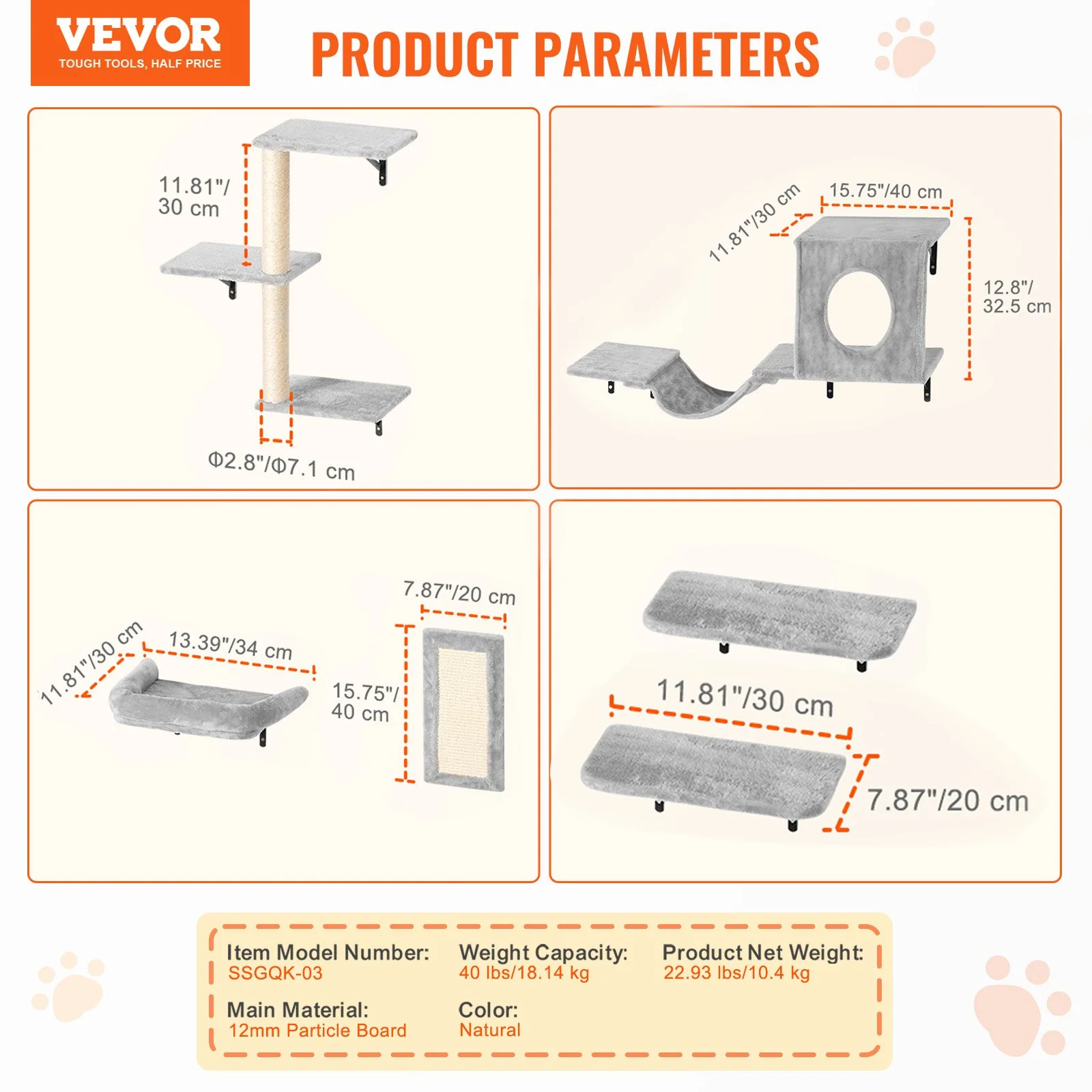 VEVOR Wall Mounted Cat Shelves Tree with Jump Boards Hammock Sofa Grip Set of 6 - Image 16