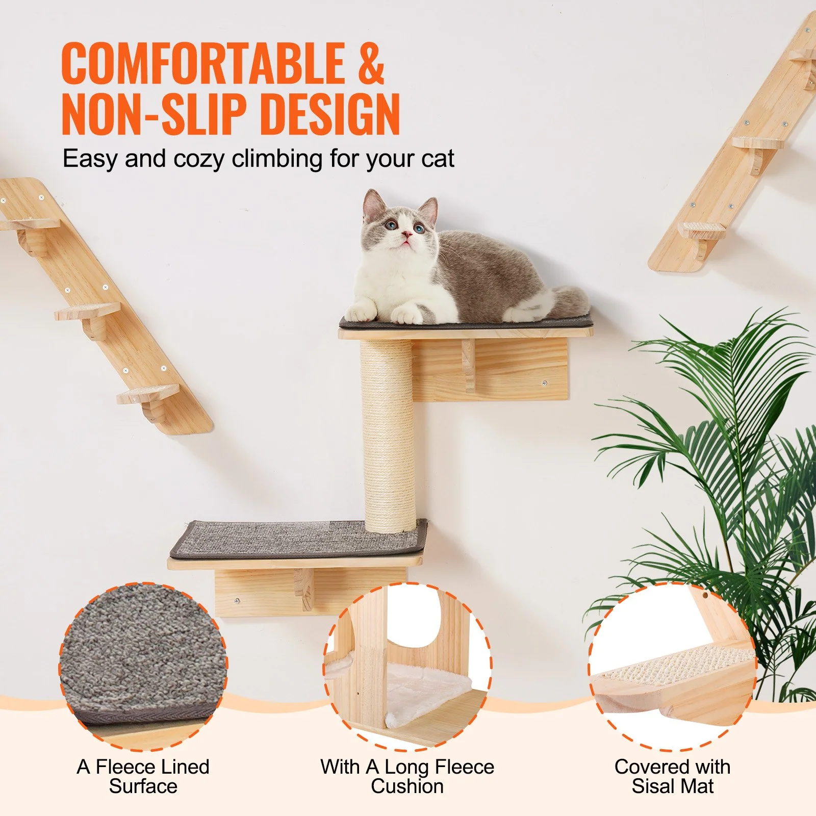 VEVOR Wall Mounted Cat Shelves Tree with Jumping Boards Nests Hammock Set of 7 - Image 14