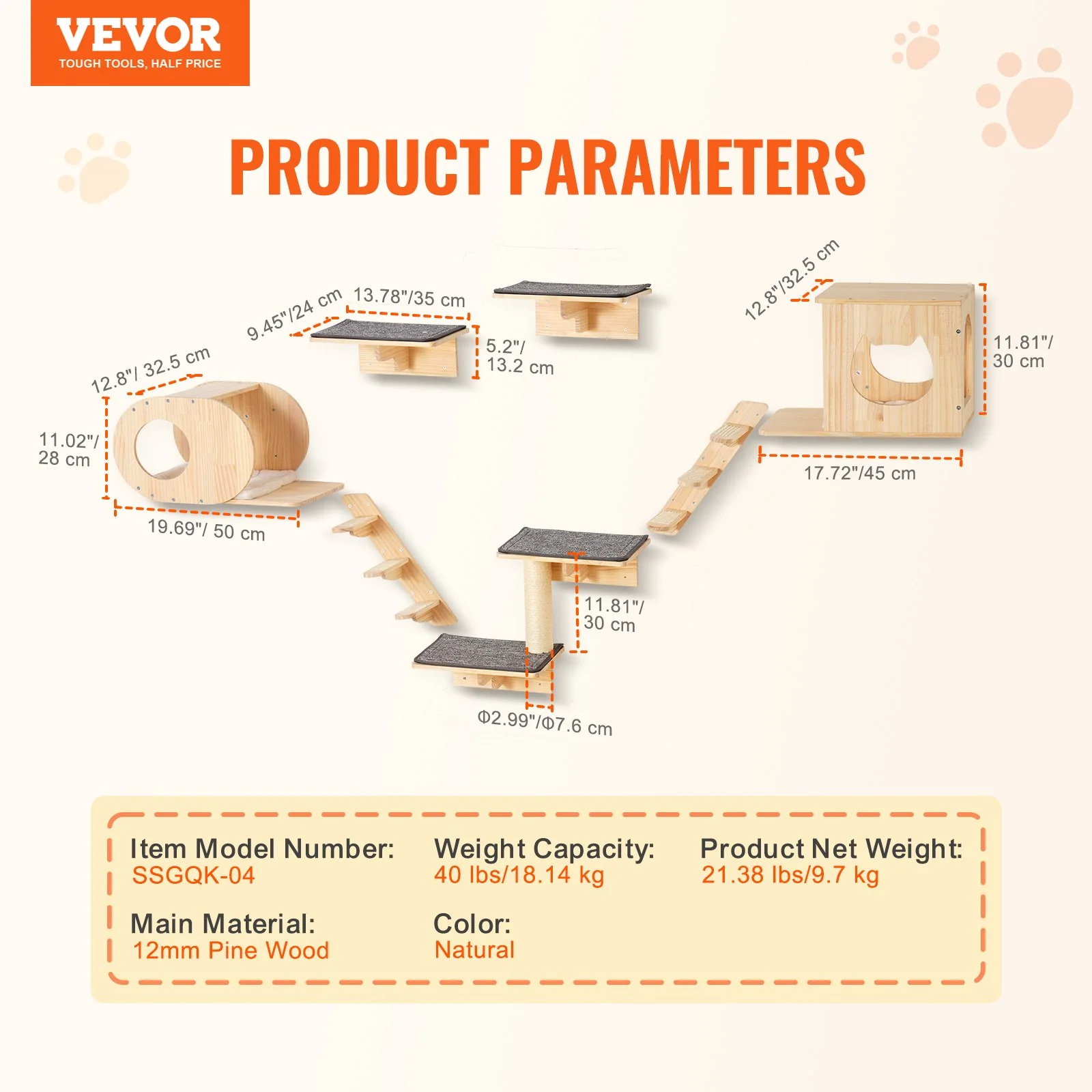 VEVOR Wall Mounted Cat Shelves Tree with Jumping Boards Nests Hammock Set of 7 - Image 6