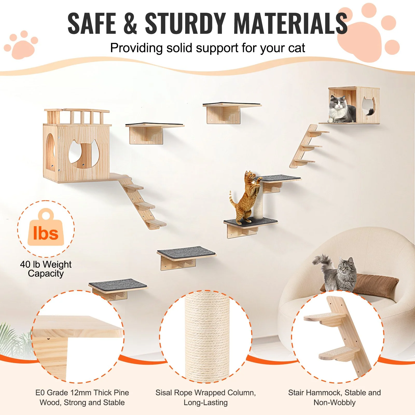 VEVOR Wall Mounted Cat Shelves Tree with Jumping Boards Nests Hammock Set of 9 - Image 11