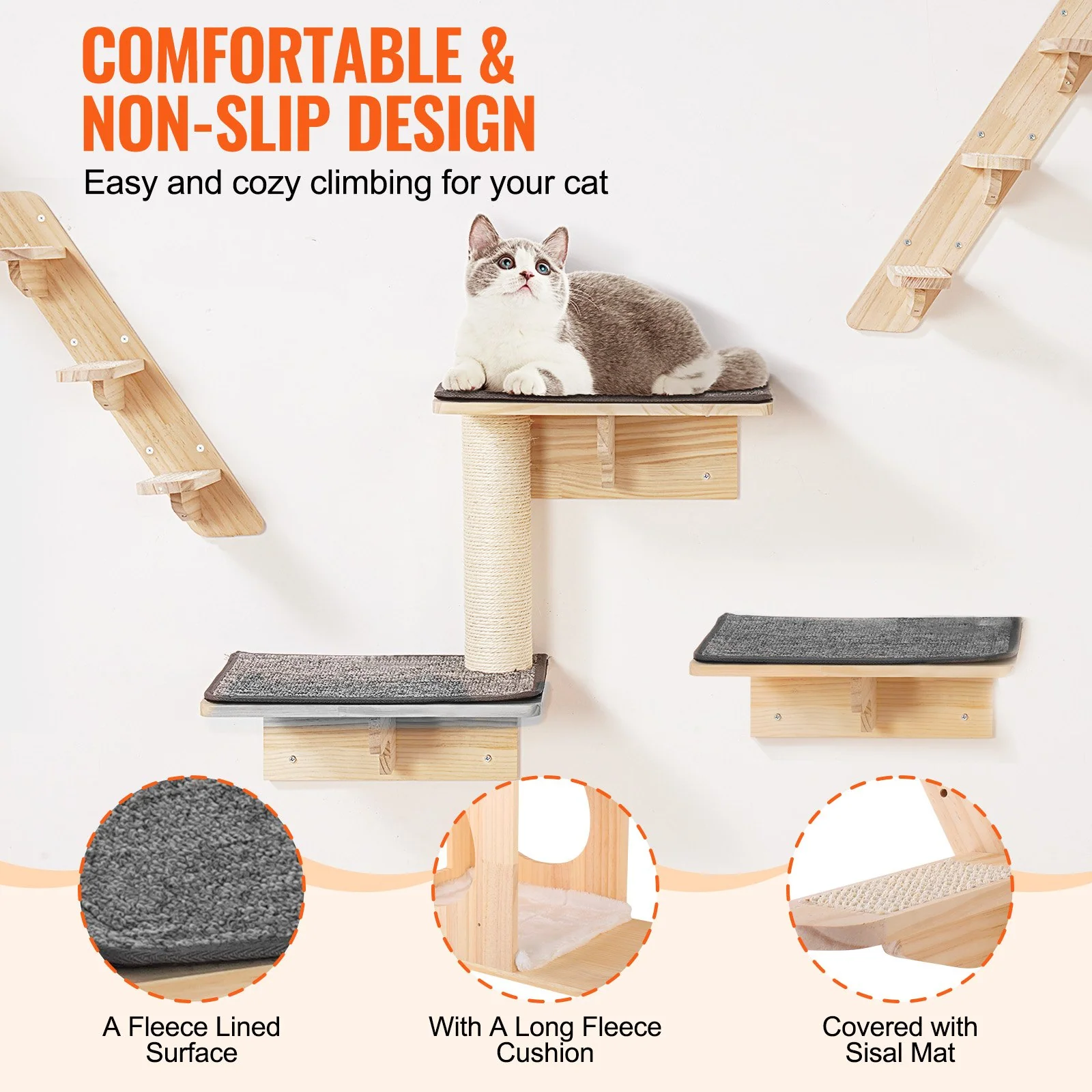 VEVOR Wall Mounted Cat Shelves Tree with Jumping Boards Nests Hammock Set of 9 - Image 13