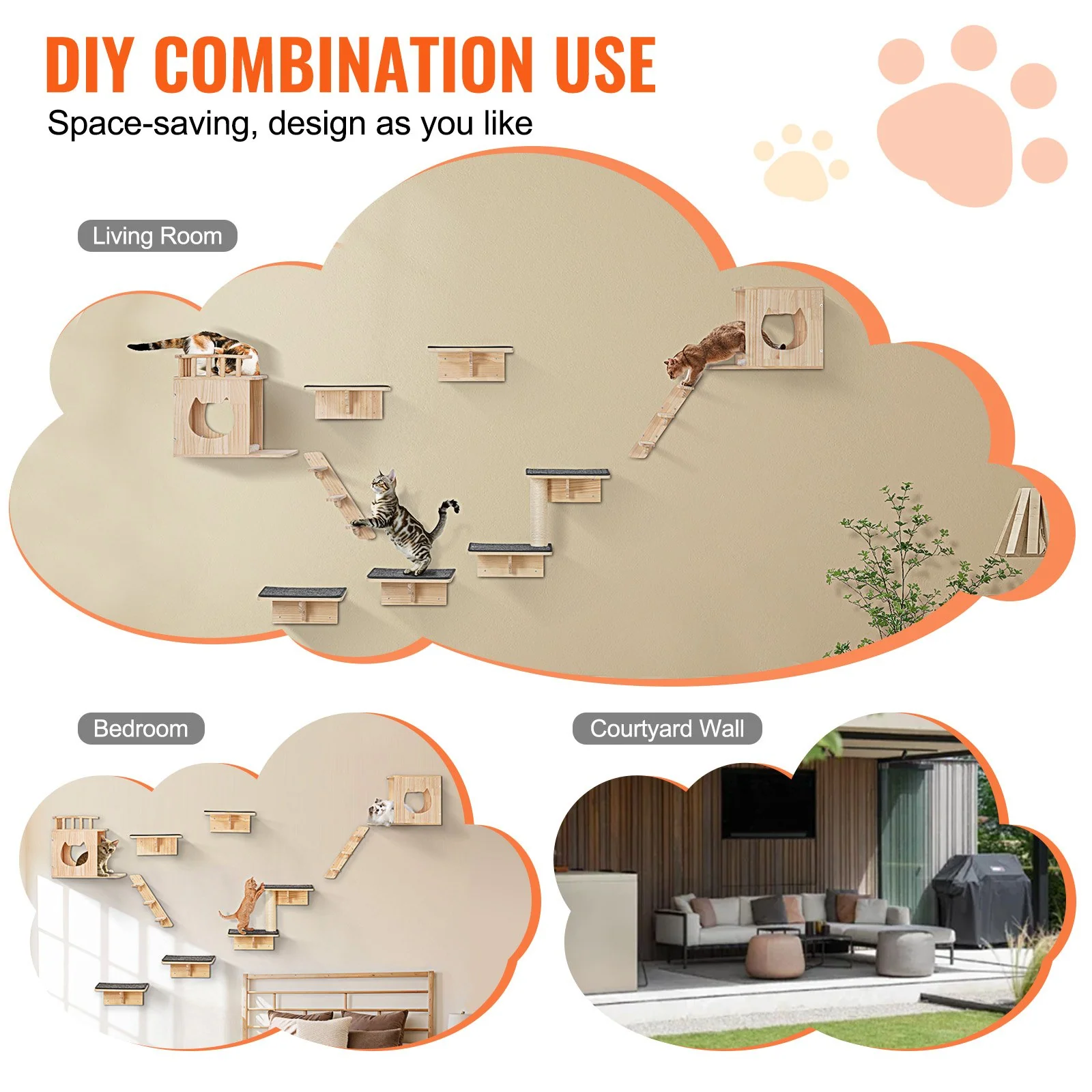 VEVOR Wall Mounted Cat Shelves Tree with Jumping Boards Nests Hammock Set of 9 - Image 14