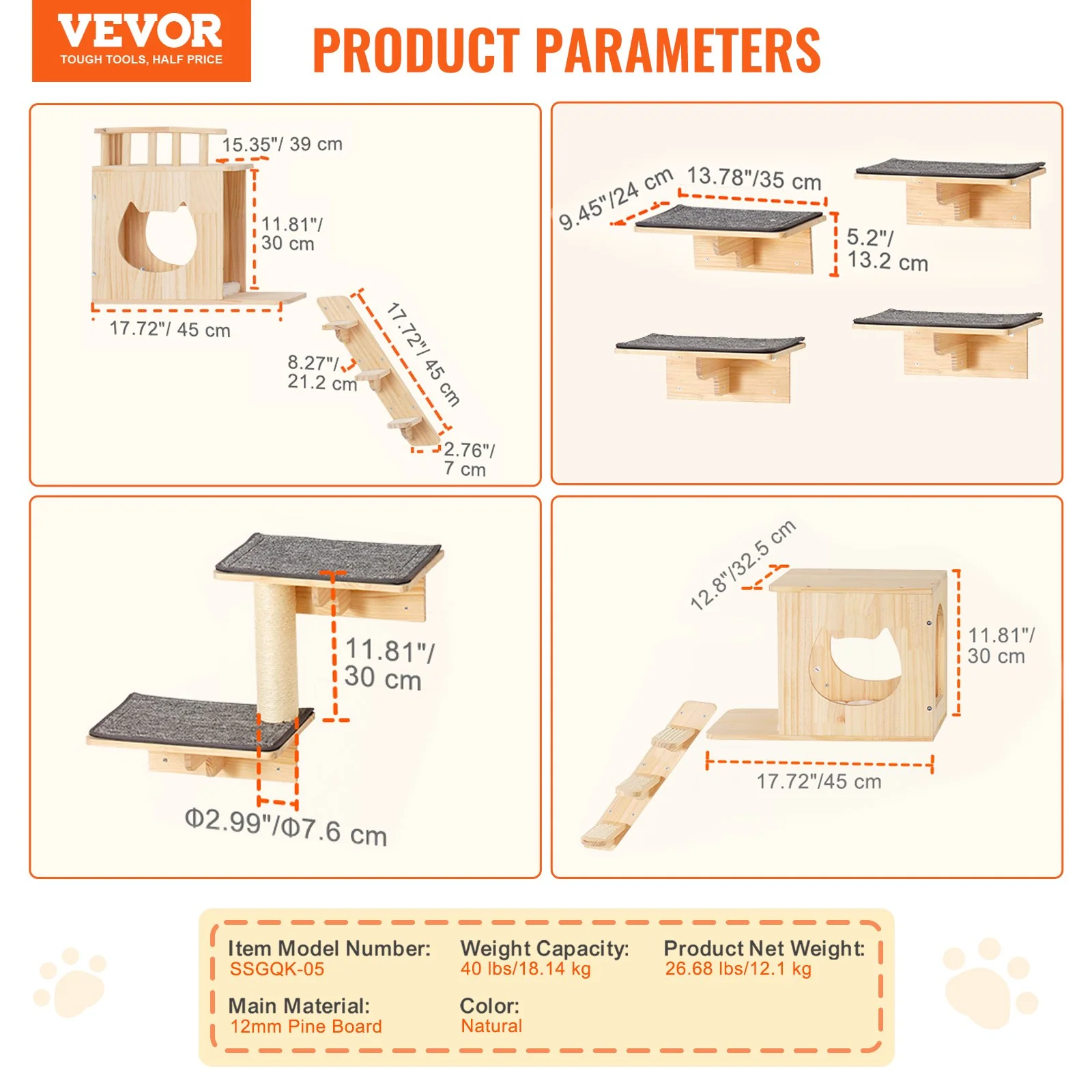 VEVOR Wall Mounted Cat Shelves Tree with Jumping Boards Nests Hammock Set of 9 - Image 15