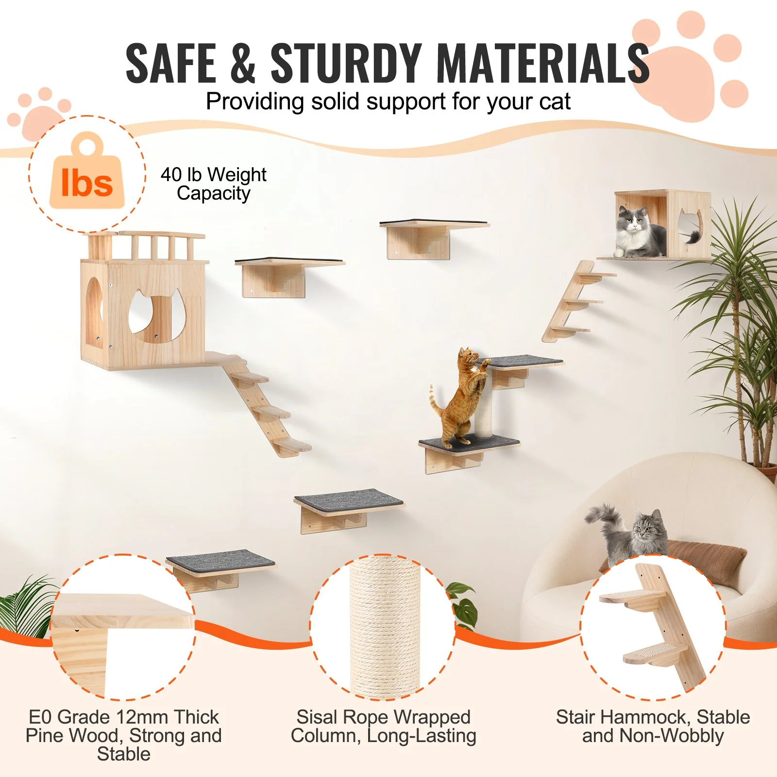 VEVOR Wall Mounted Cat Shelves Tree with Jumping Boards Nests Hammock Set of 9 - Image 2