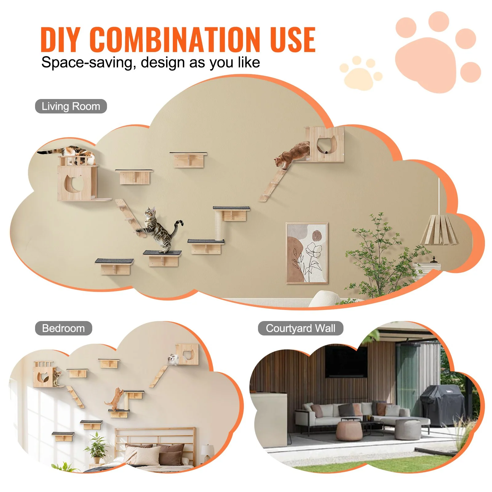 VEVOR Wall Mounted Cat Shelves Tree with Jumping Boards Nests Hammock Set of 9 - Image 5