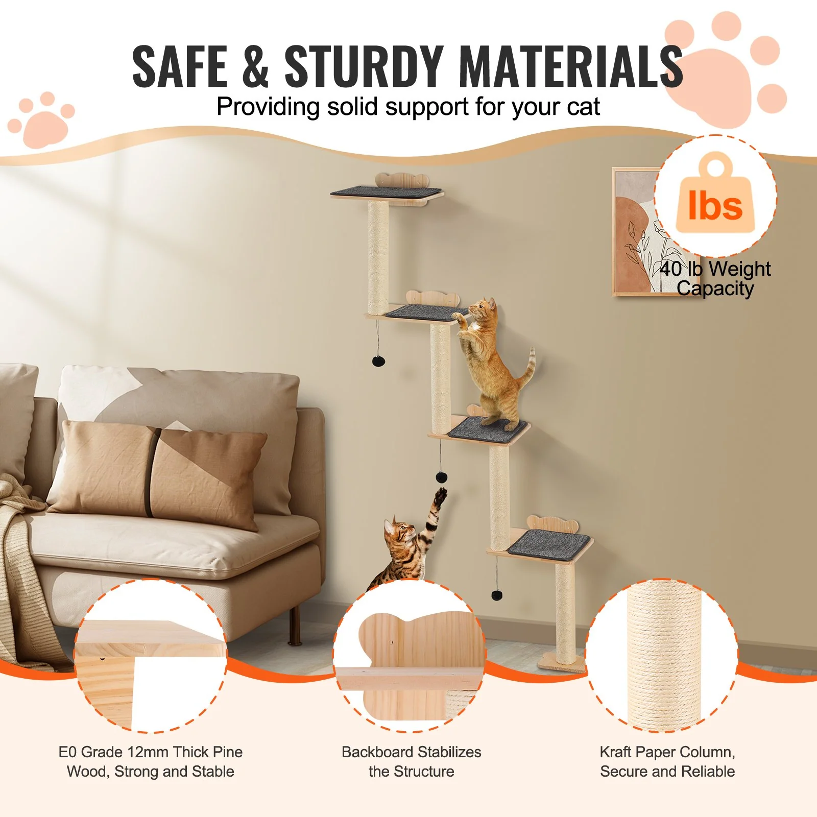 VEVOR Wall Mounted Cat Shelves Tree with Platform Tree-Shaped Cat Furniture Set - Image 2