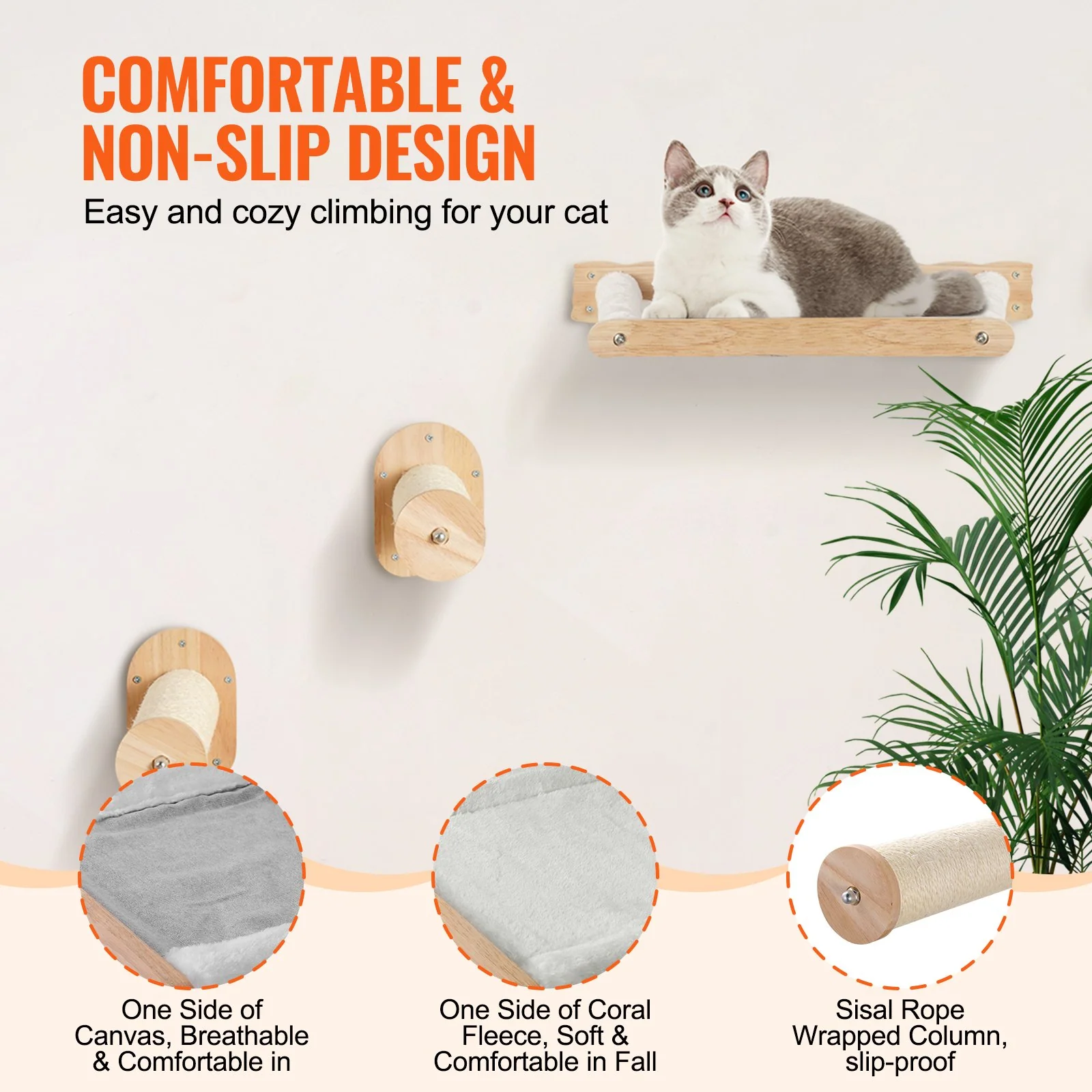 VEVOR Wall Mounted Cat Shelves with 2 Jumping Posts & 2 Hammocks up to 40 lbs - Image 4